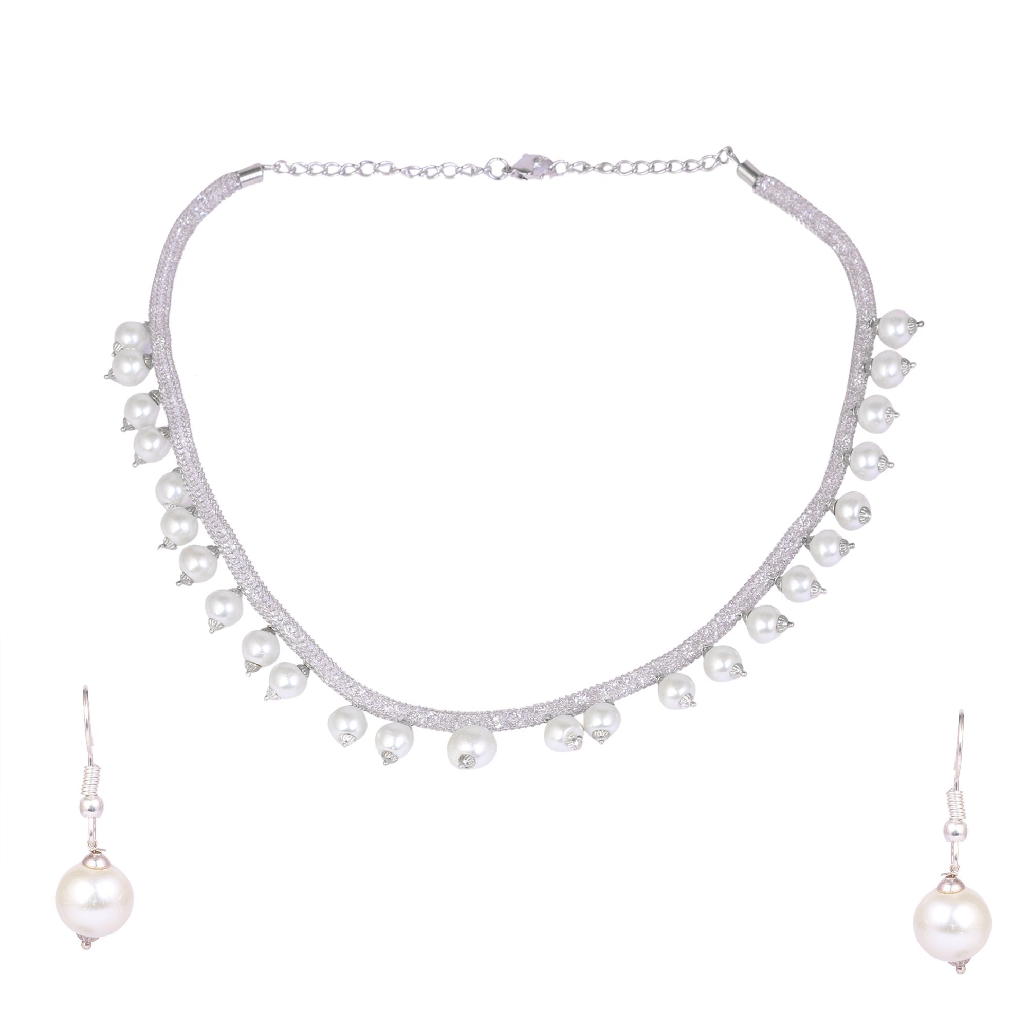 Women's White Colour Nacklace And Earrings With White Pearl   - Tehzeeb