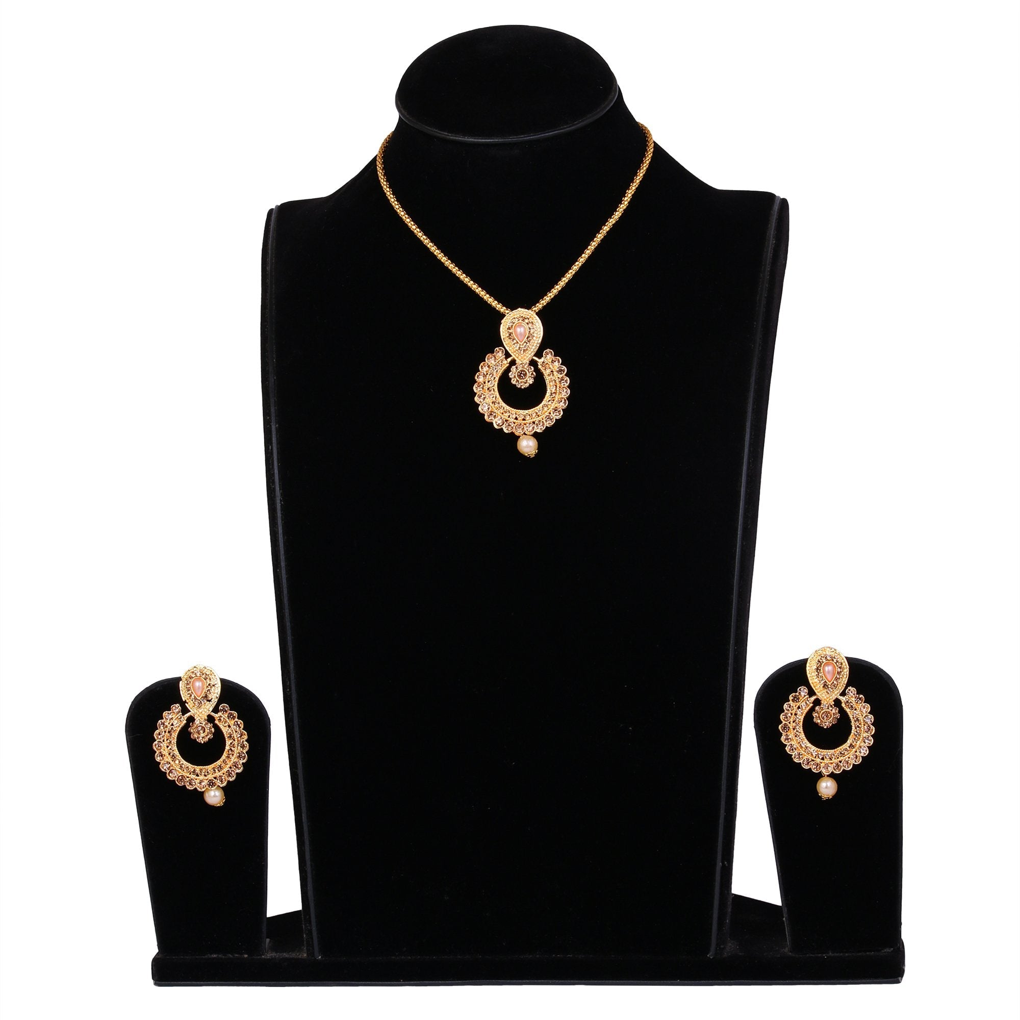 Women's Stone Studded Chain Pendent And Earrings With Pearl  - Tehzeeb