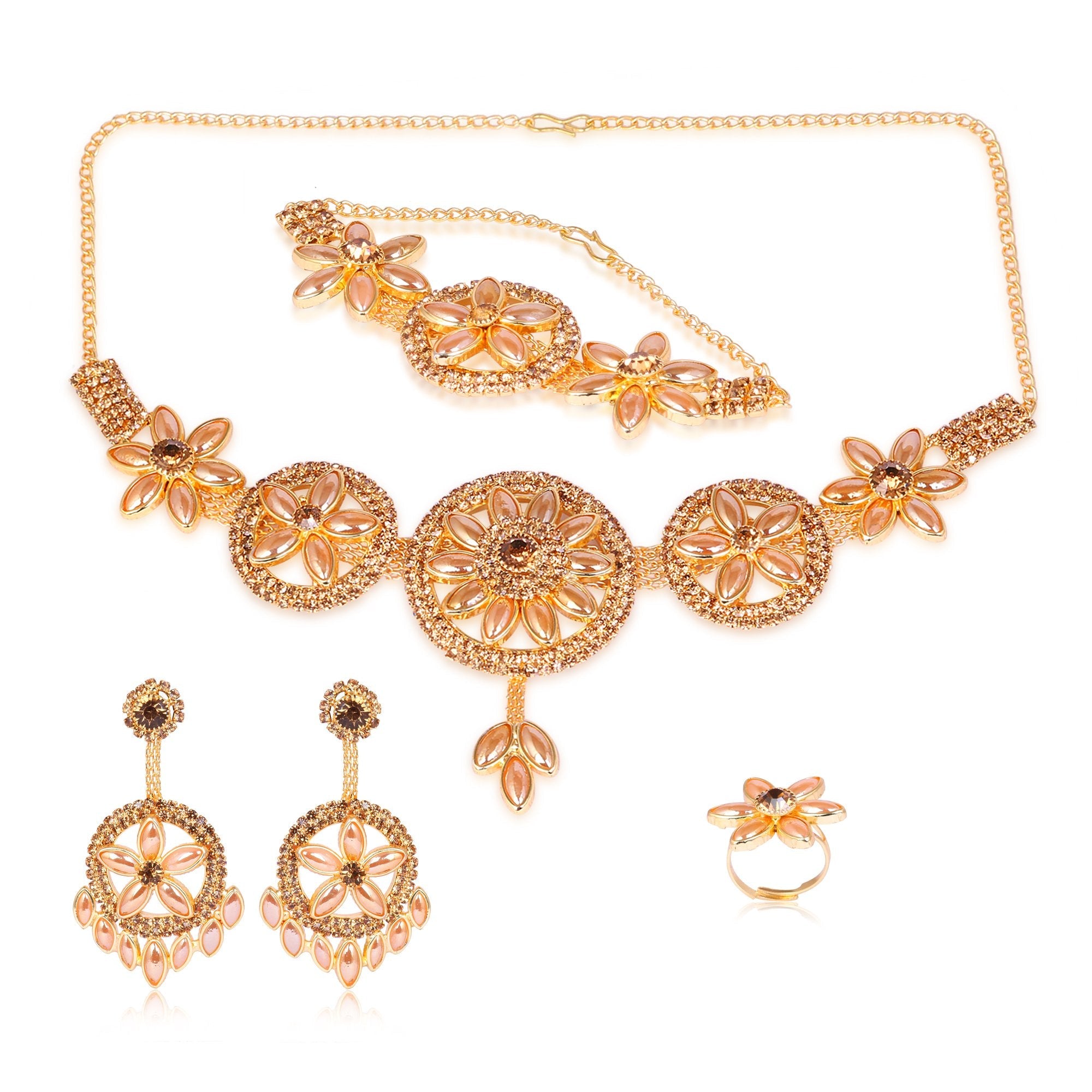 Women's Golden Plated Combo Set Of Necklace, Earring, Ring, And Bracelet  - Tehzeeb