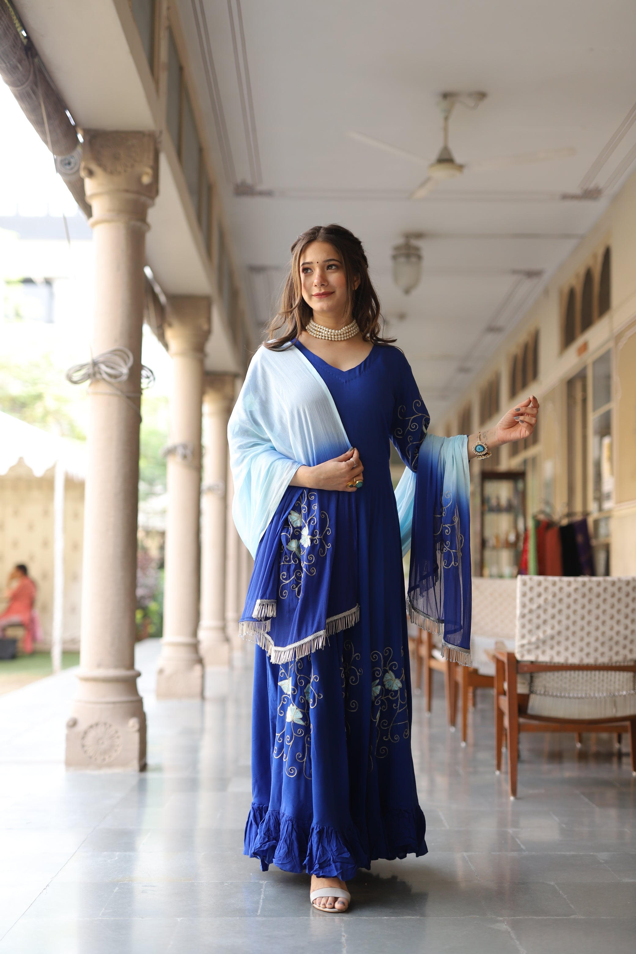 Women's Blue Colour Festival Straight Suit Set - Roohaniyat