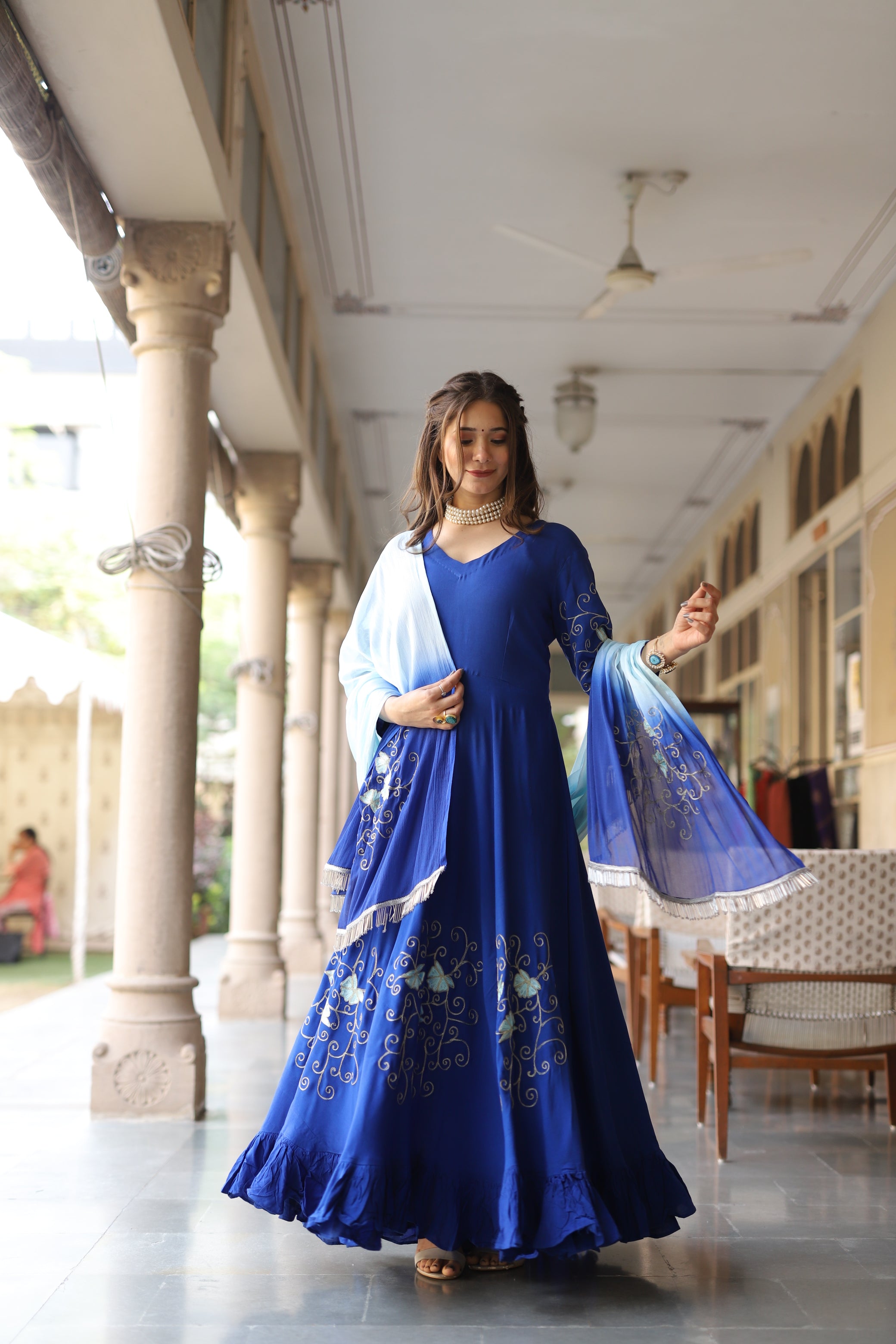 Women's Blue Colour Festival Straight Suit Set - Roohaniyat