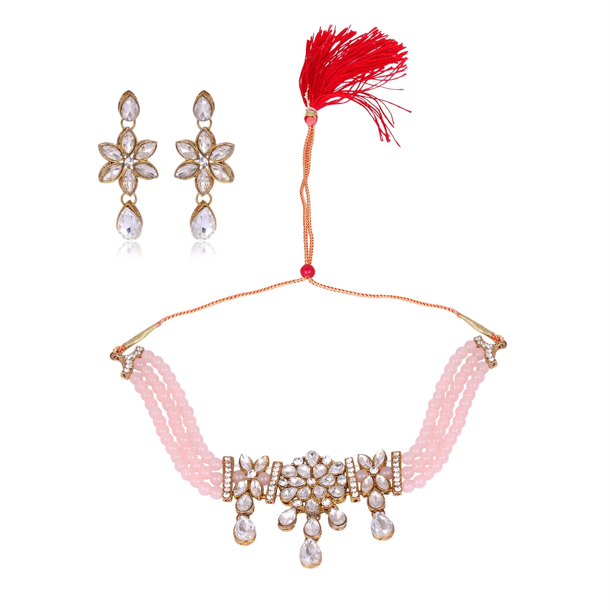 Women's Latest Design Pink Colour Necklace And Earrings  - Tehzeeb