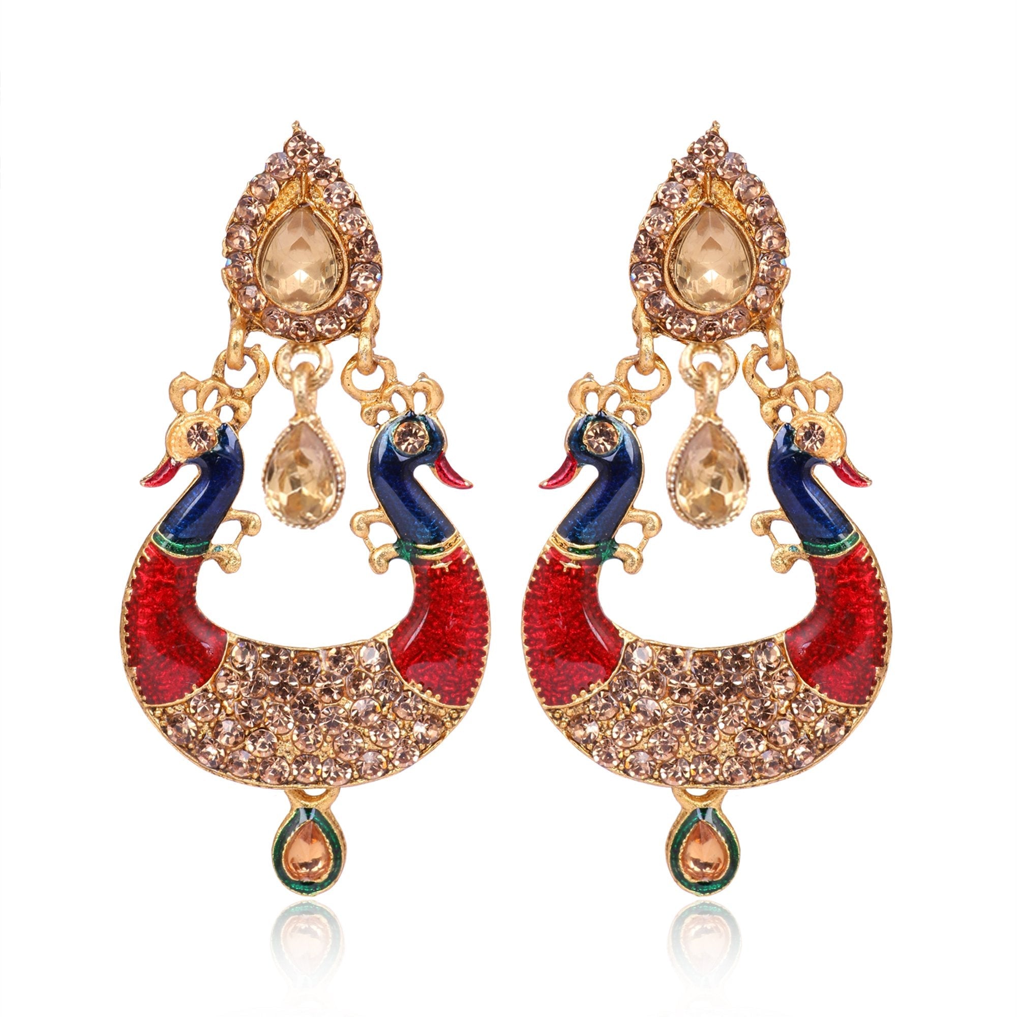 Women's Peacock Design Multi Colour Pendent With Earrings   - Tehzeeb