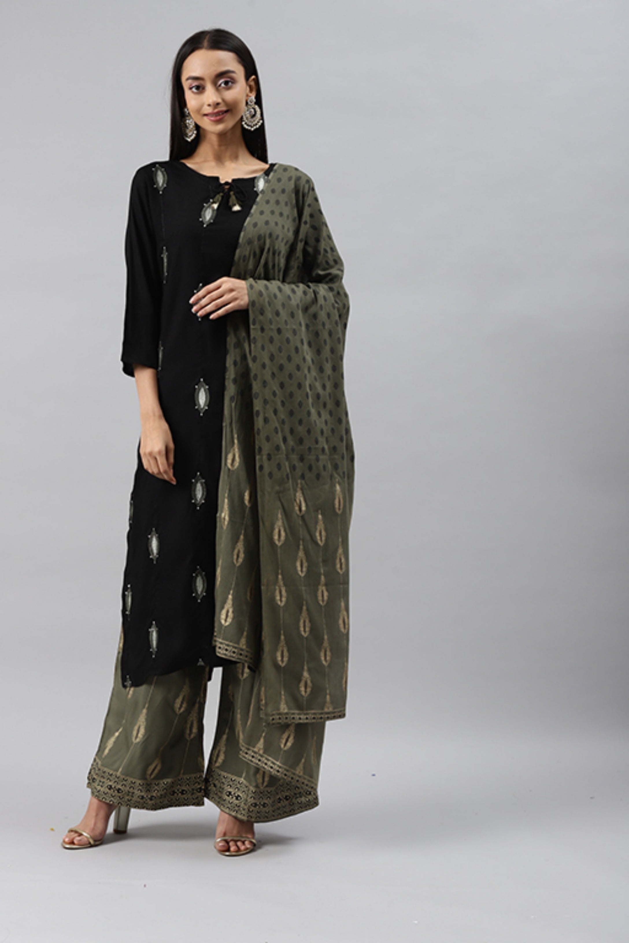 Women's Black and Green Ethnic Motifs Panelled Kurta with Trousers and Dupatta - Meeranshi