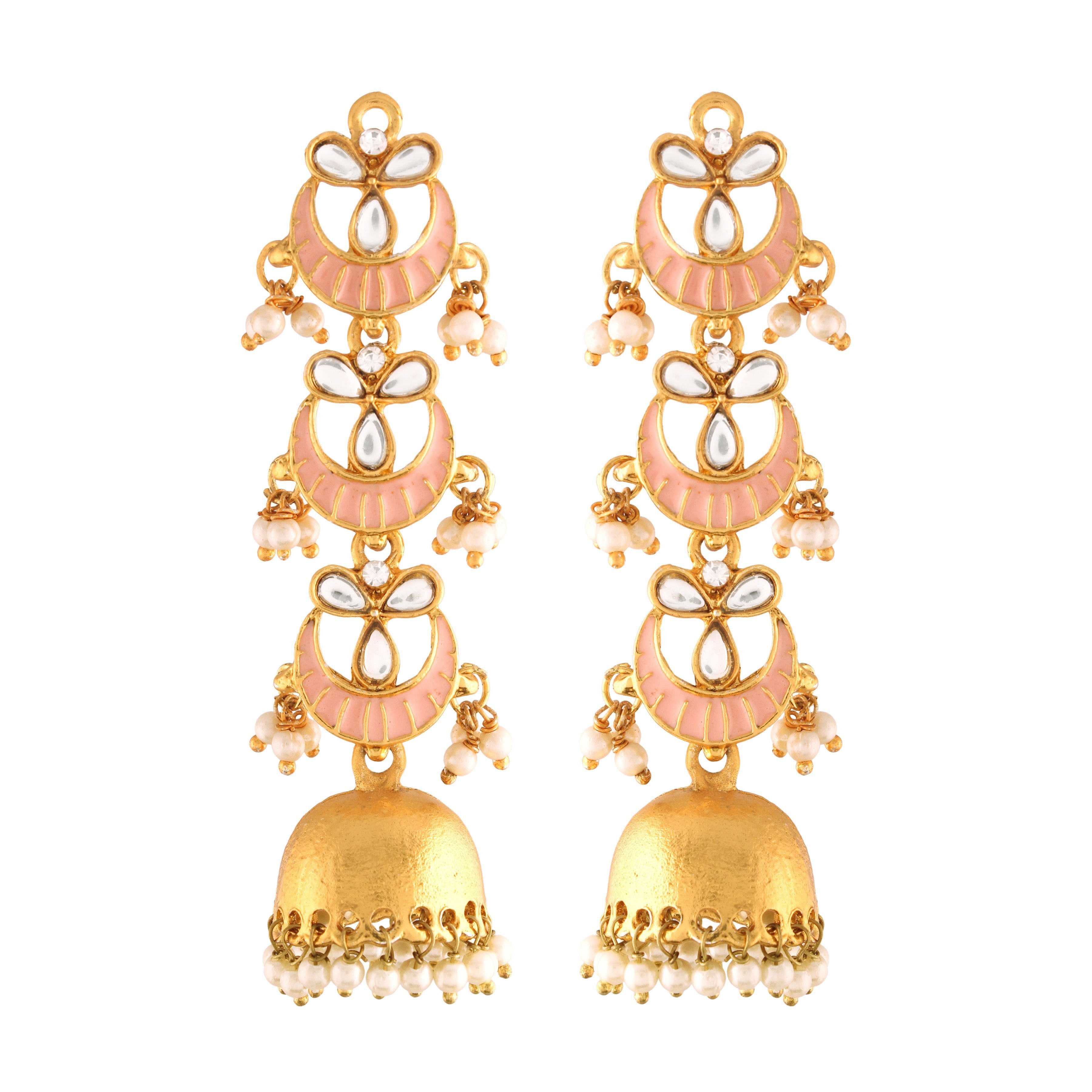 Women's  Gold Plated 3 Layered Long Jhumki Earrings With Pink Enamel Glided With Kundans & Pearls  - i jewels