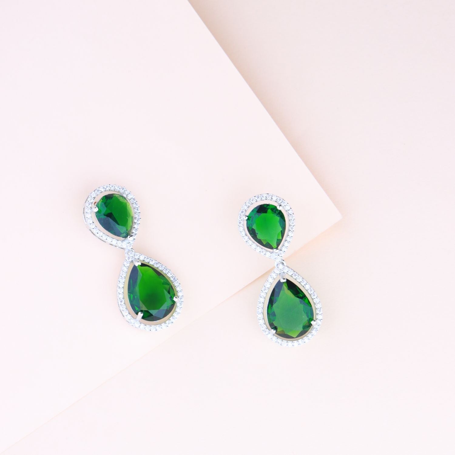 Women's 18K Silver Plated Green Cz & American Diamond Stone Studded Beautiful Earrings - I Jewels