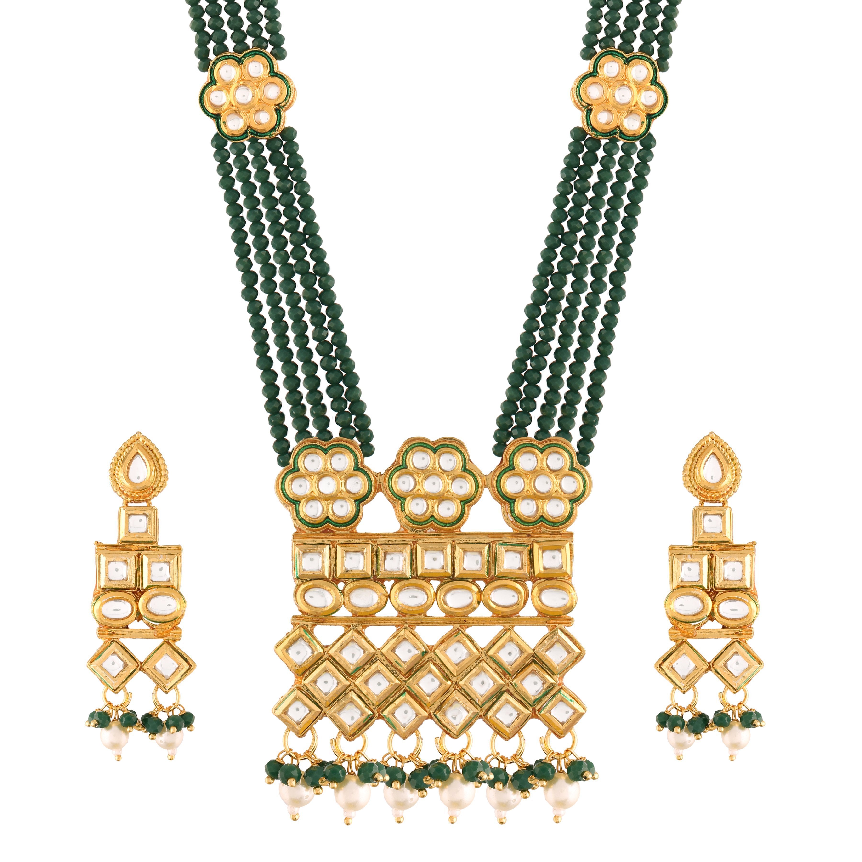 Women's Gold Plated Polki Kundan Brass Necklace Set With Earrings Emerald Crystal Onyx Long Mala - i jewels