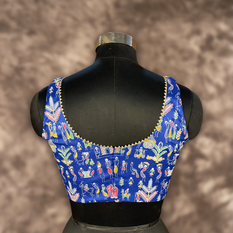 Women's Blue Art Row Silk Blouse - Kapda Tailor Official