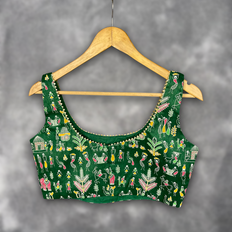 Women's Green Art Row Silk Blouse - Kapda Tailor Official