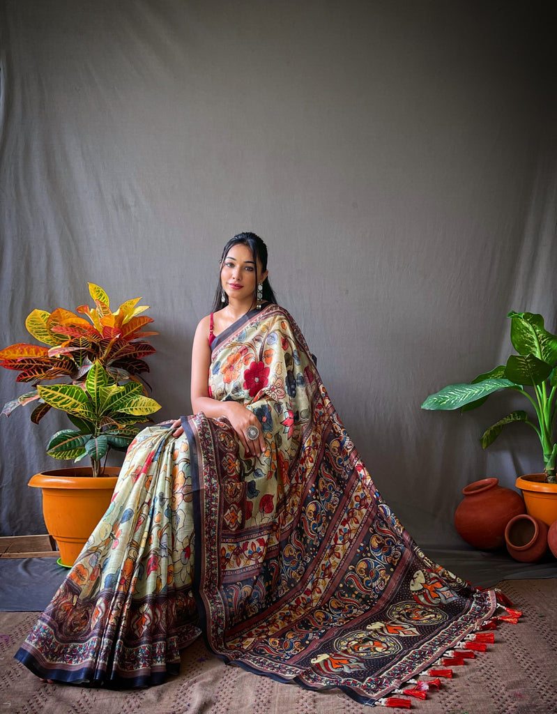 Women's Cotton Kalamkari Printed Saree Olive Green