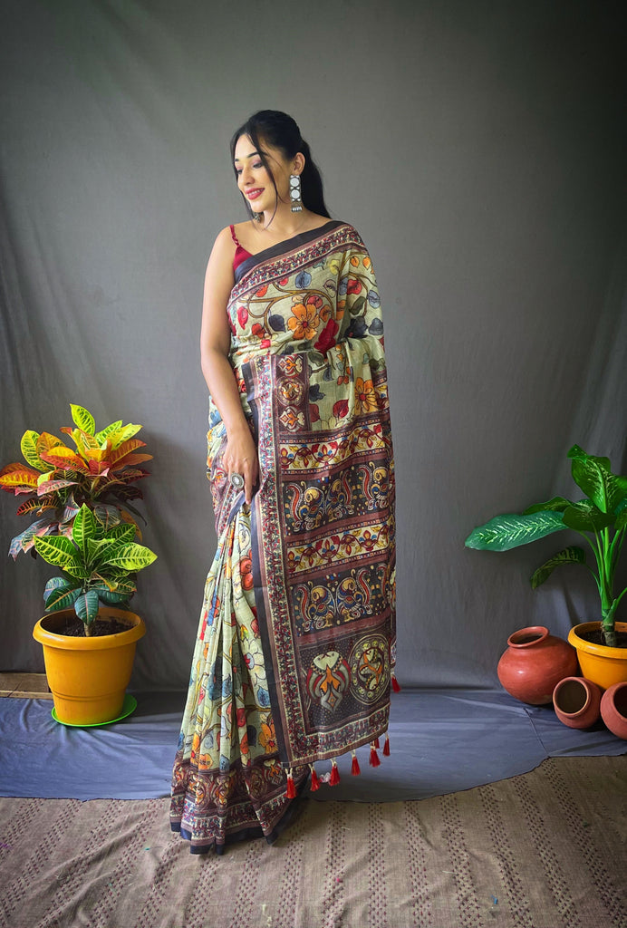 Women's Cotton Kalamkari Printed Saree Olive Green