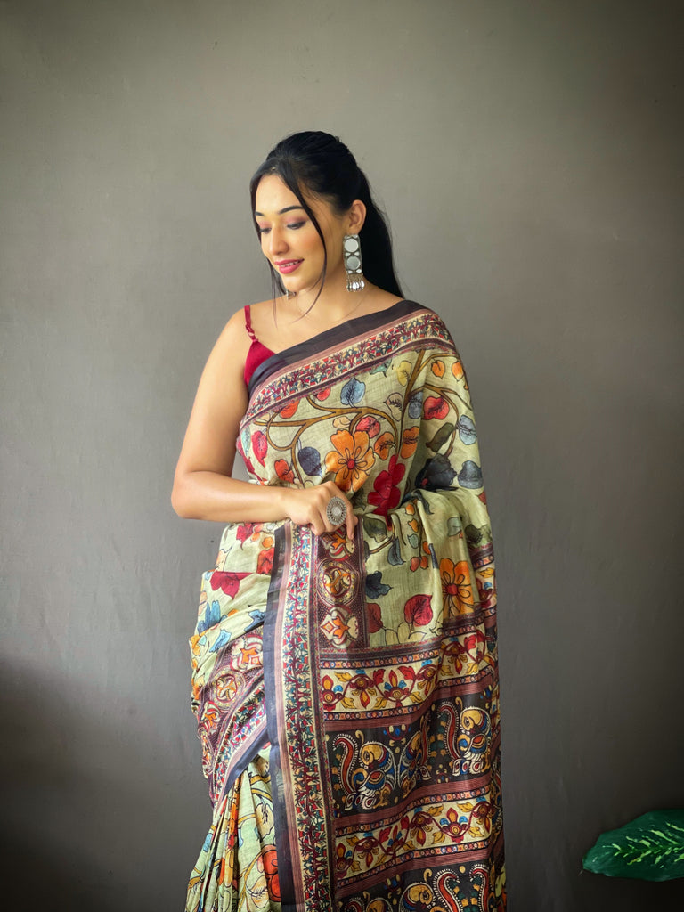 Women's Cotton Kalamkari Printed Saree Olive Green