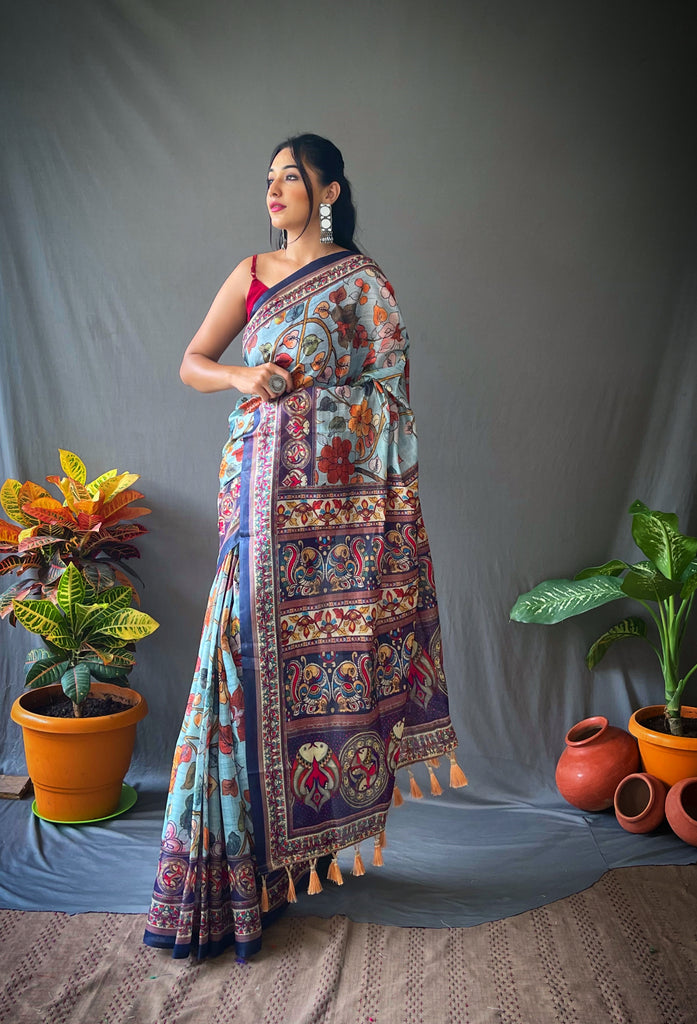 Women's Sky Blue Cotton Kalamkari Printed Saree