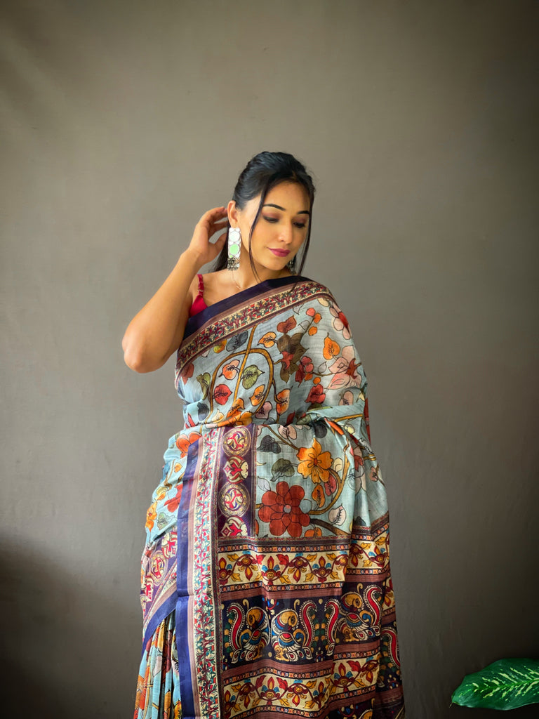 Women's Sky Blue Cotton Kalamkari Printed Saree