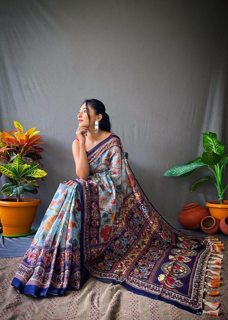Women's Sky Blue Cotton Kalamkari Printed Saree
