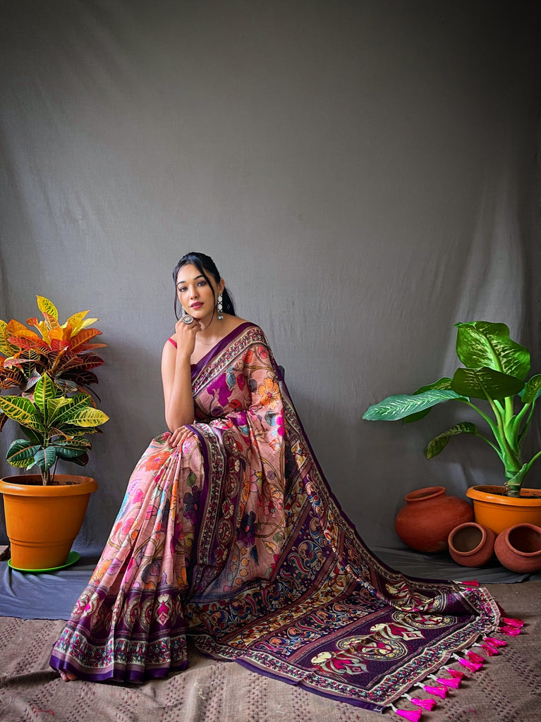 Women's Peachy Pink Cotton Kalamkari Printed Saree