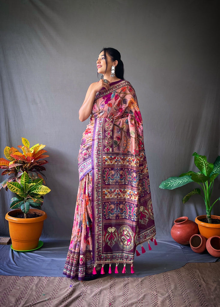 Women's Peachy Pink Cotton Kalamkari Printed Saree