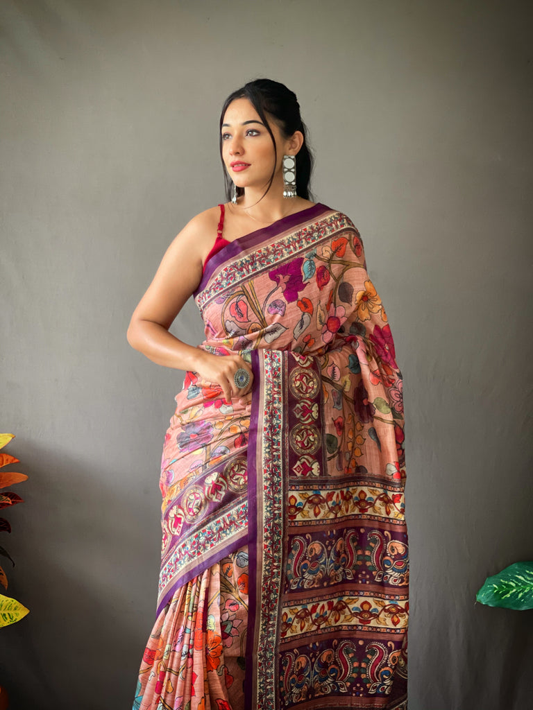Women's Peachy Pink Cotton Kalamkari Printed Saree