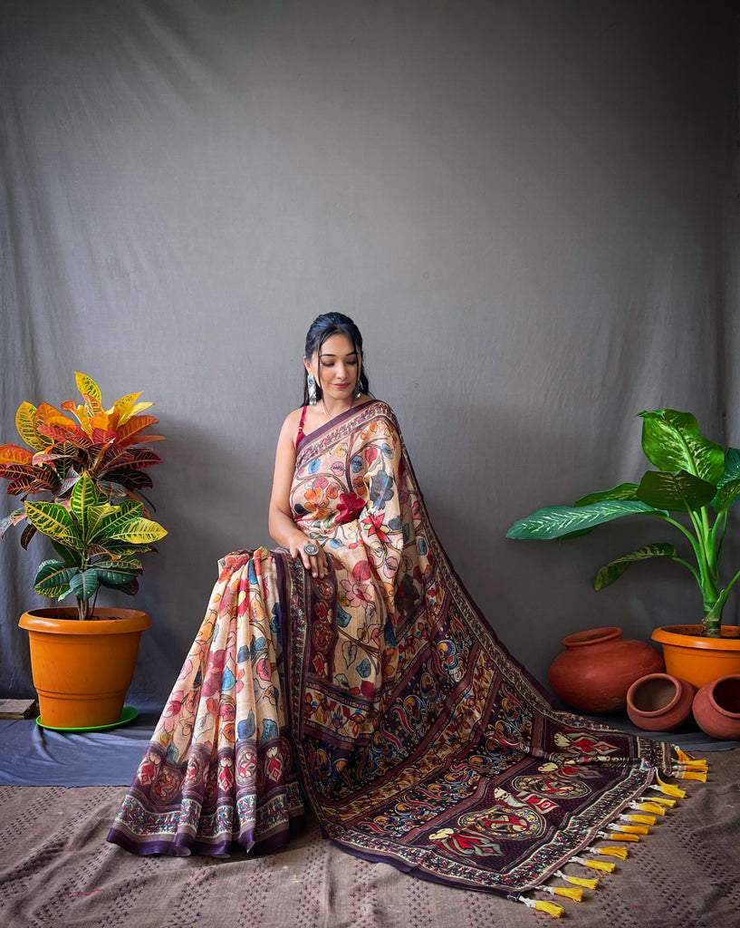 Women's Cotton Kalamkari Printed Saree Chickoo