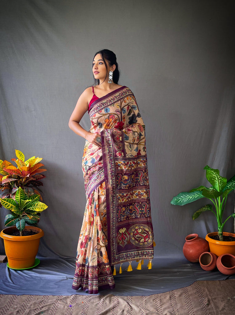 Women's Cotton Kalamkari Printed Saree Chickoo