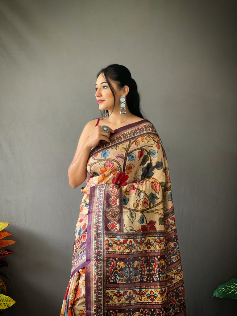 Women's Cotton Kalamkari Printed Saree Chickoo