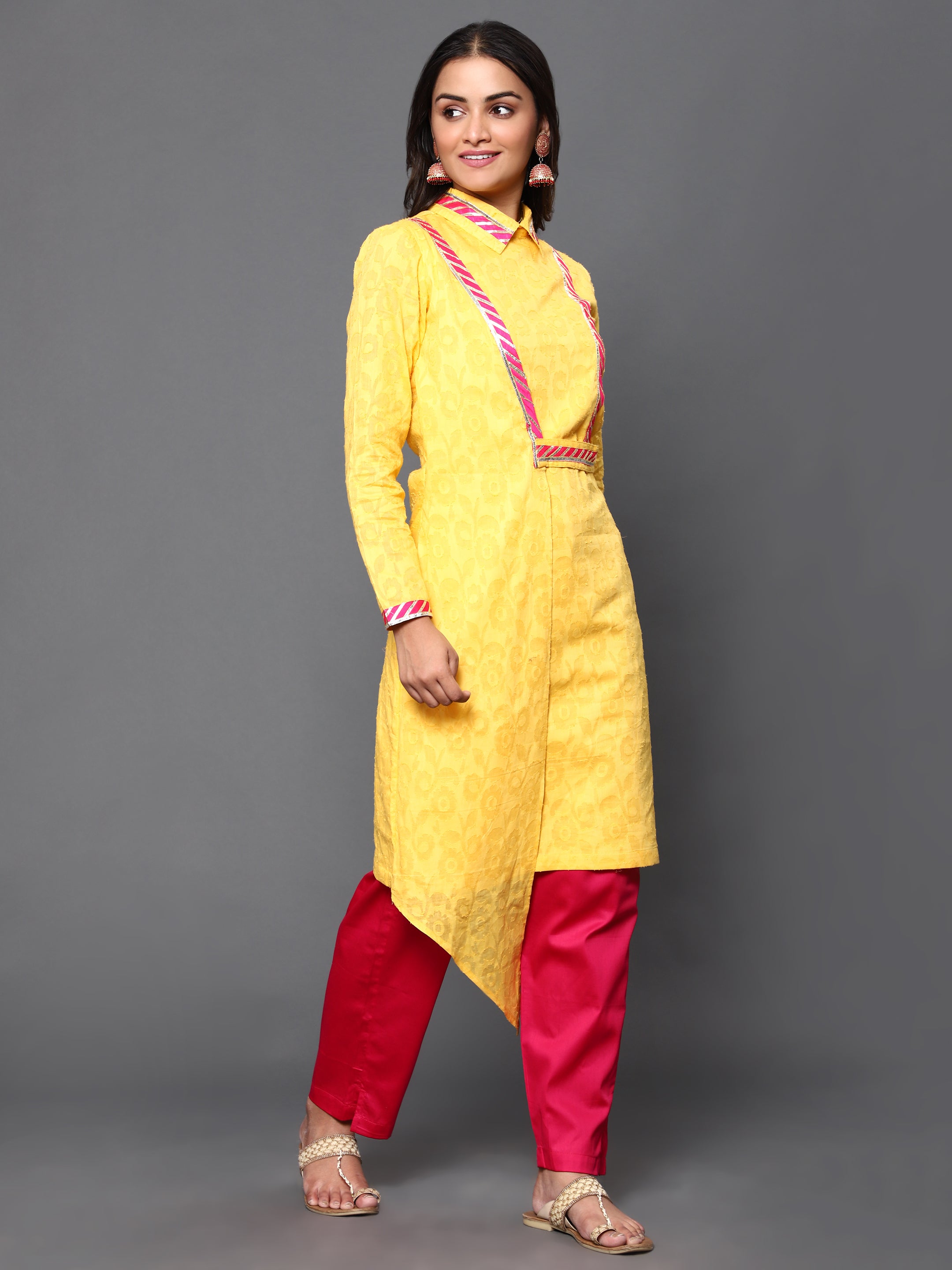 Women's Yellow Jaquard Cotton Kurti - Khumaar- Shuchi Bhutani