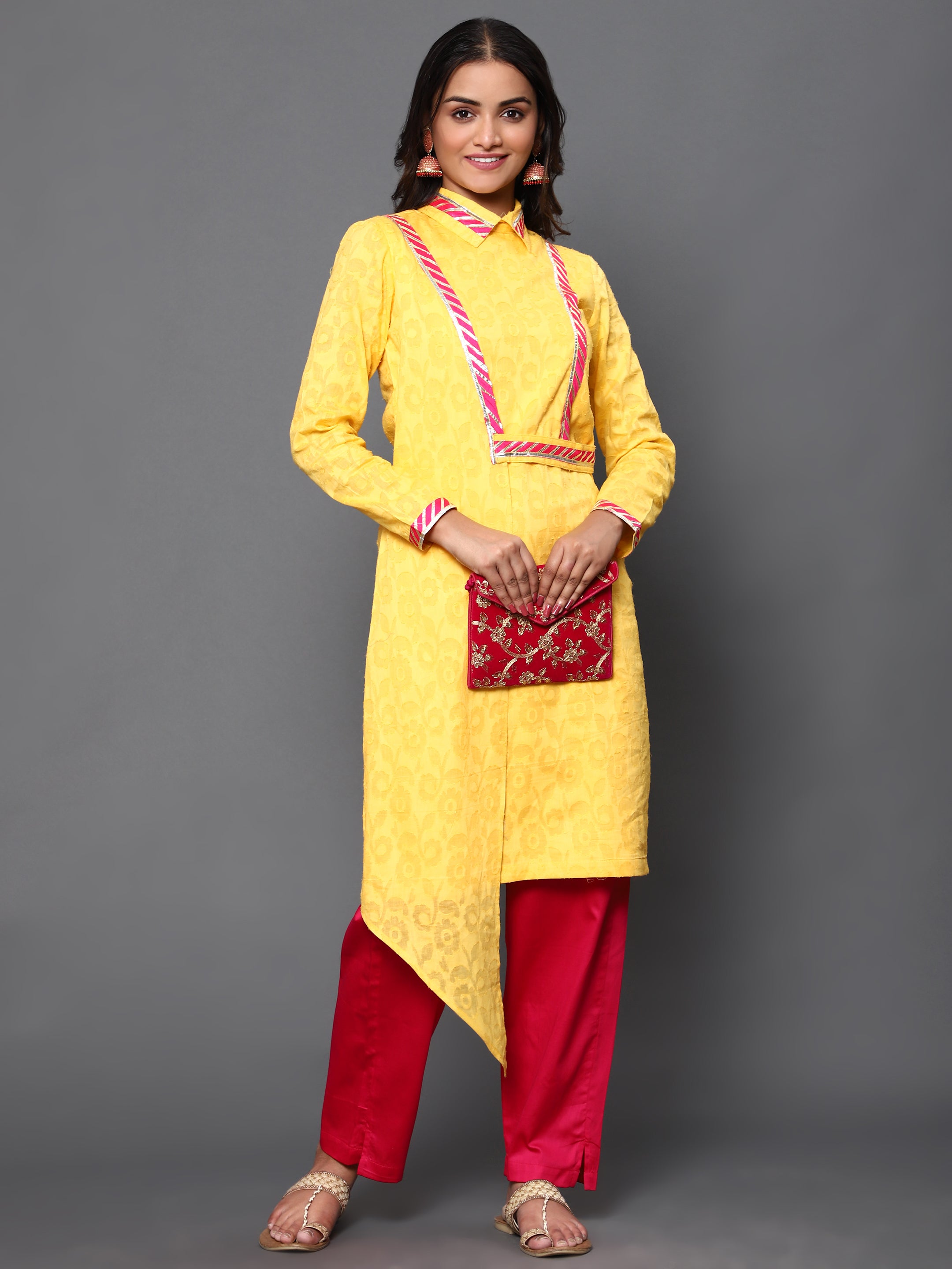 Women's Yellow Jaquard Cotton Kurti - Khumaar- Shuchi Bhutani