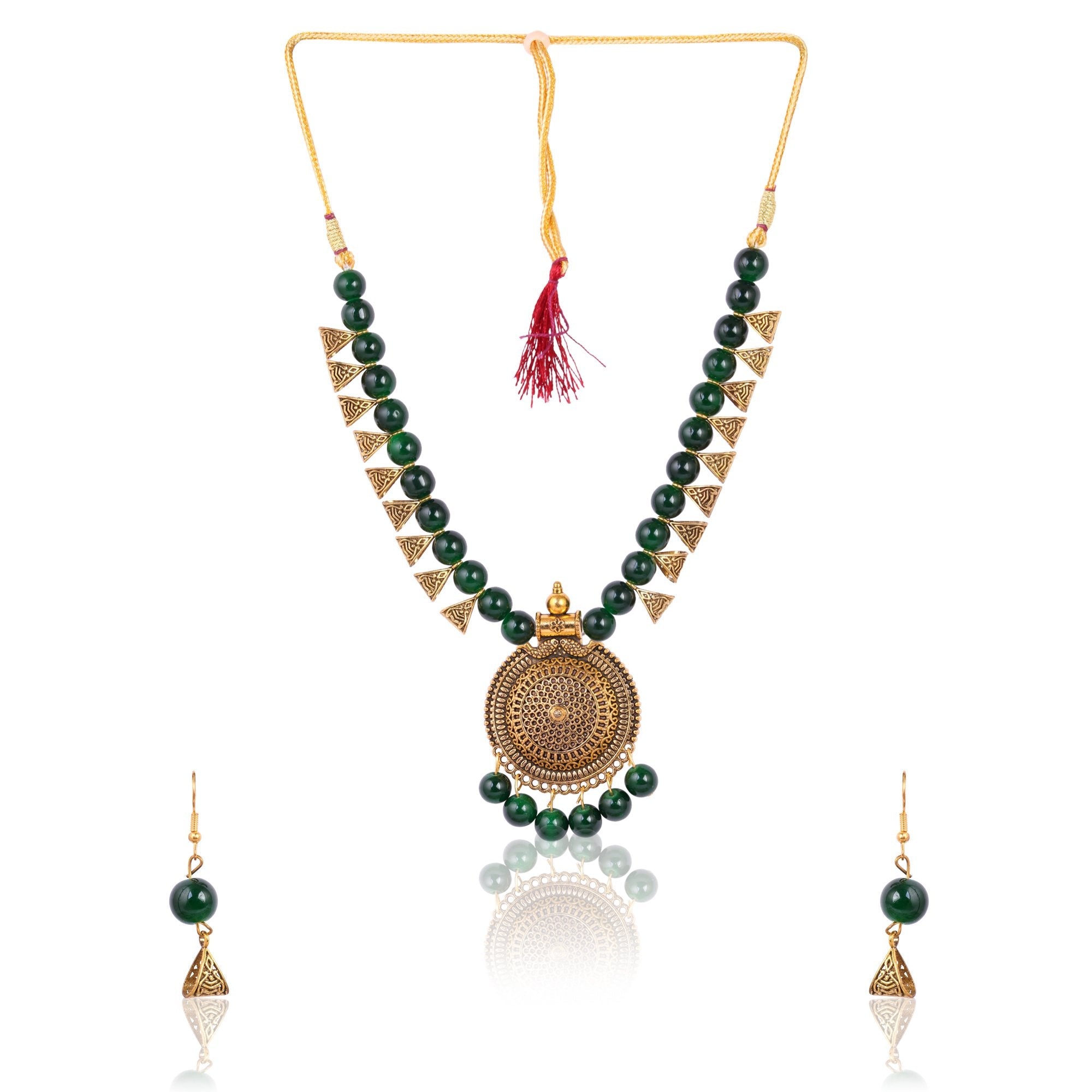 Women's Golden Plated Nacklace And Earrings With Green Pearls - Tehzeeb