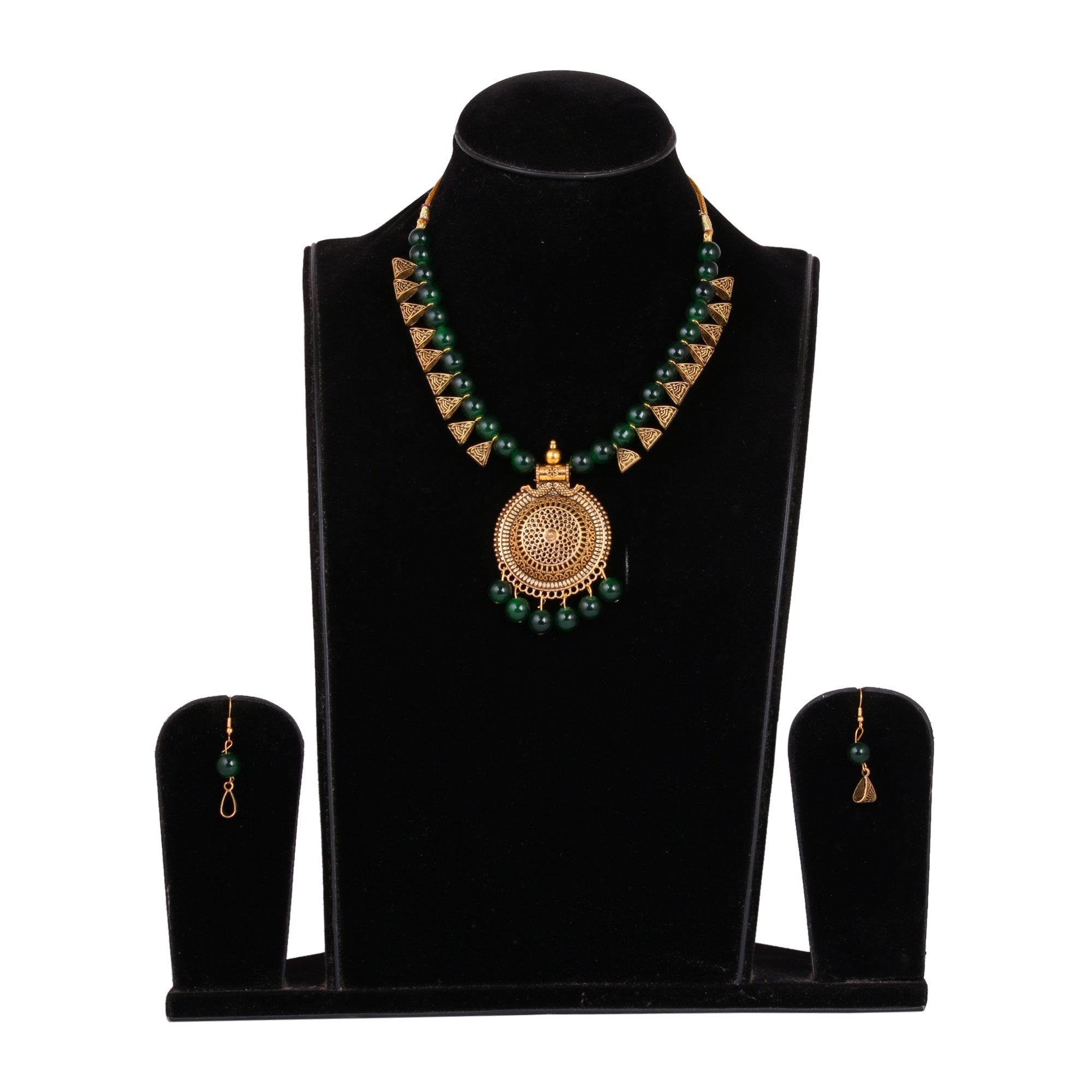 Women's Golden Plated Nacklace And Earrings With Green Pearls - Tehzeeb