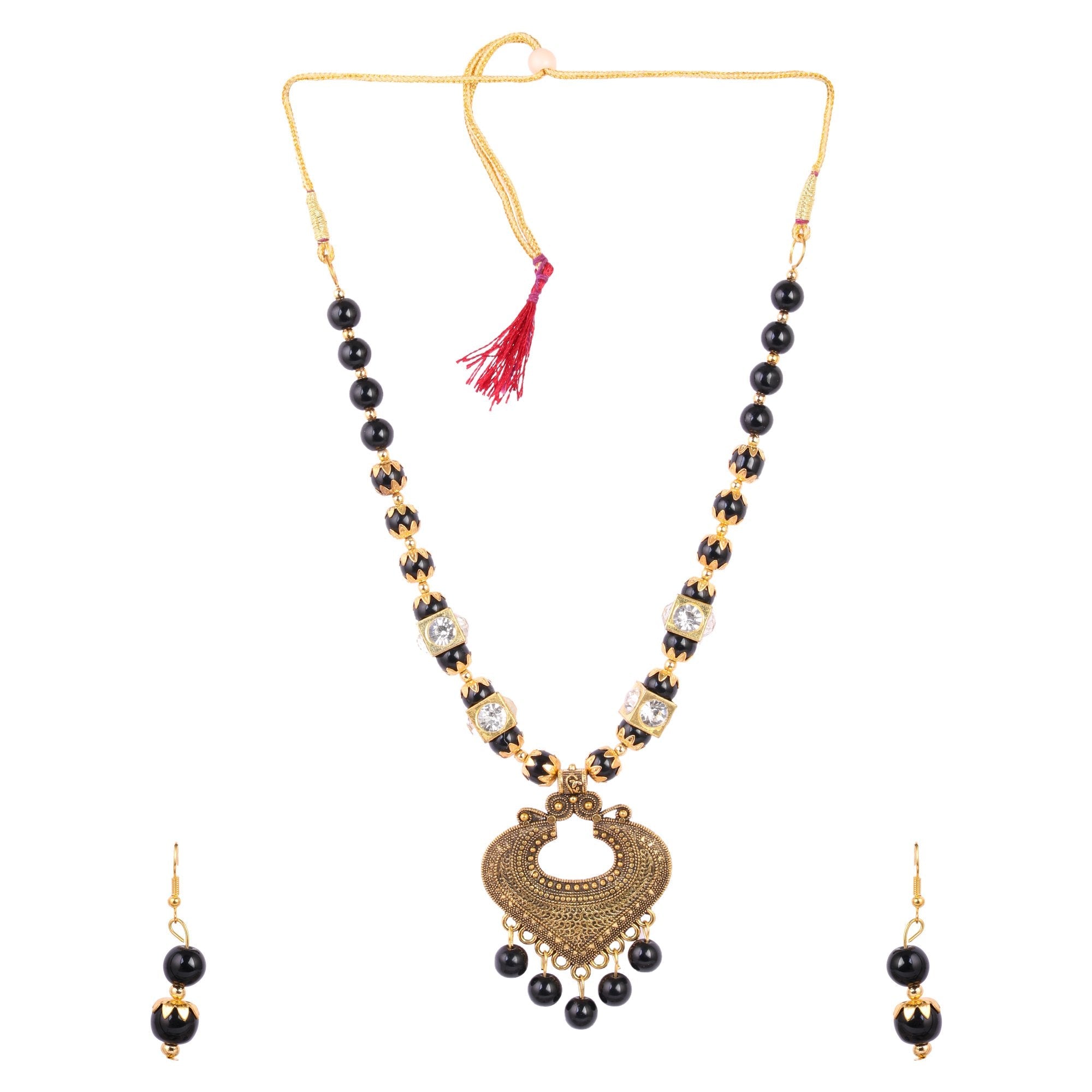 Women's Golden Plated Necklace And Earrings With Black Pearl  - Tehzeeb