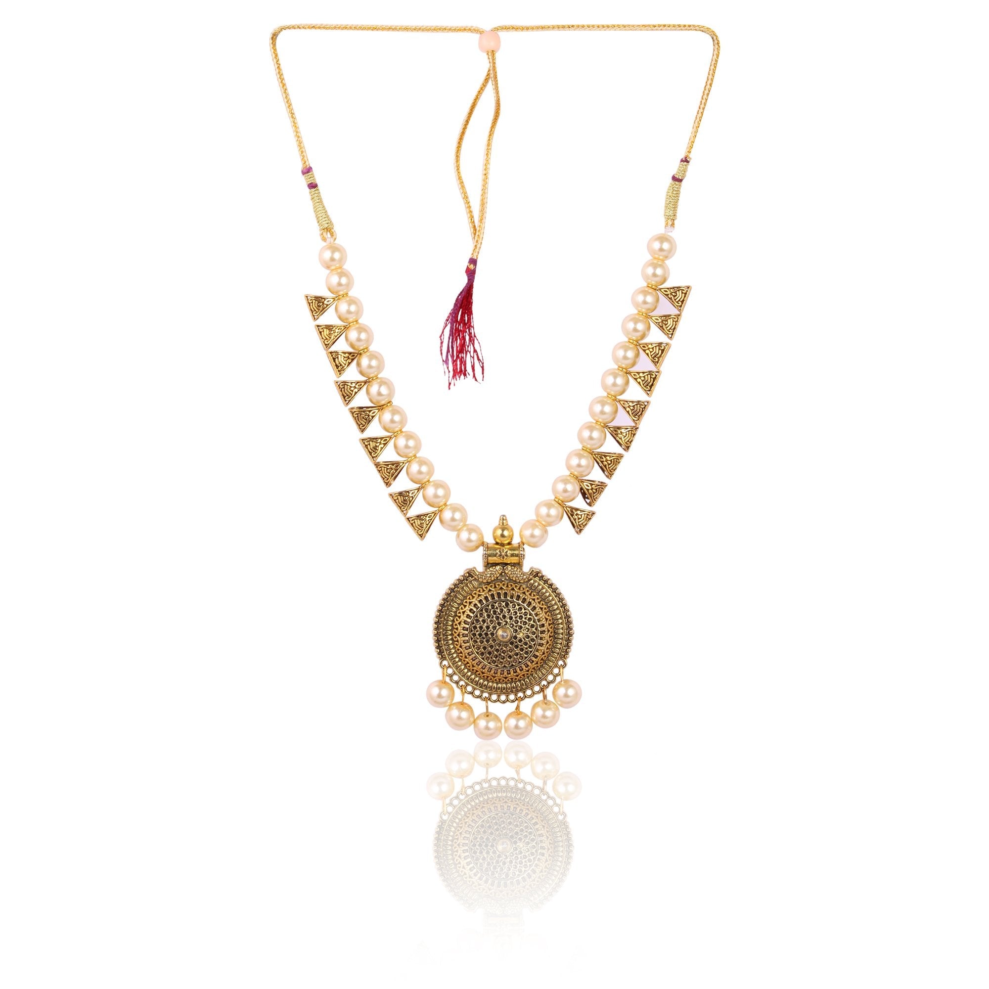 Women's Golden Plated Nacklace And Earrings With Cream Colour Pearl  - Tehzeeb