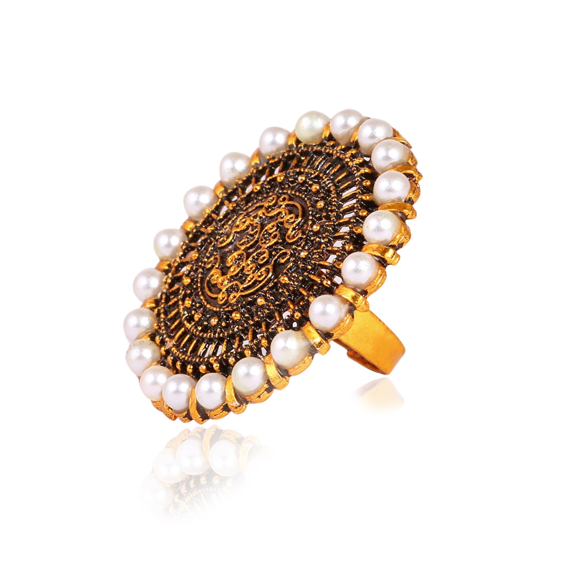 Women's Beautiful Ring With White Pearl And Golden Plating  - Tehzeeb