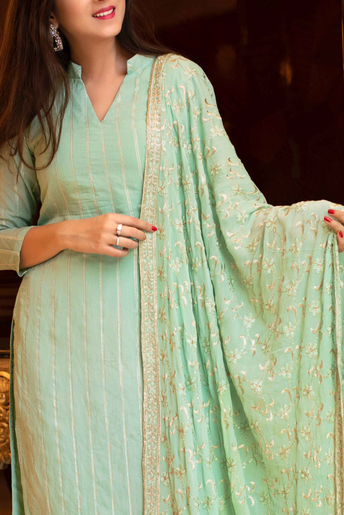 Women's Pista Green Kurta Set With Chinon Heavy Zari Work Dupatta (3pcs Set)