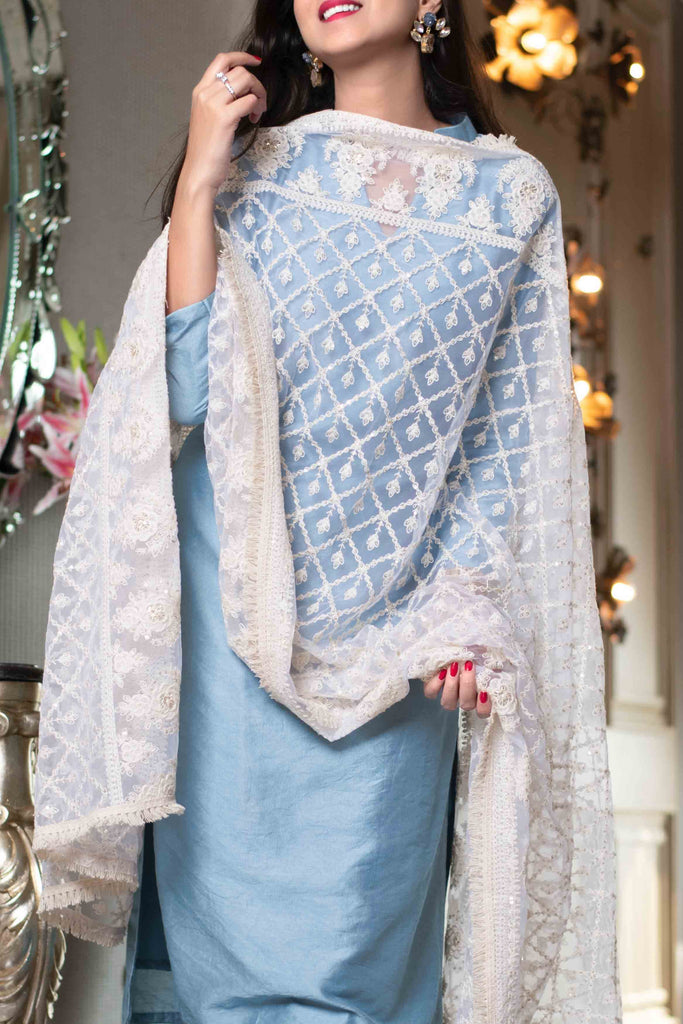 Women's White Thread Work Dupatta With Kurta Set