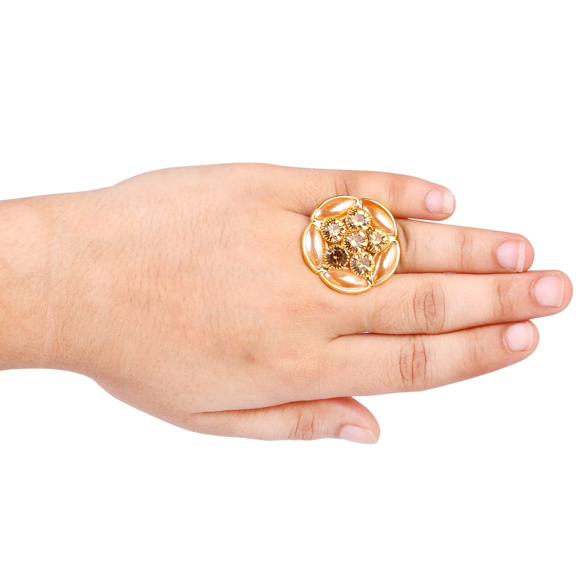 Women's Golden Colour Ring With Golden Stone And Pearl - Tehzeeb