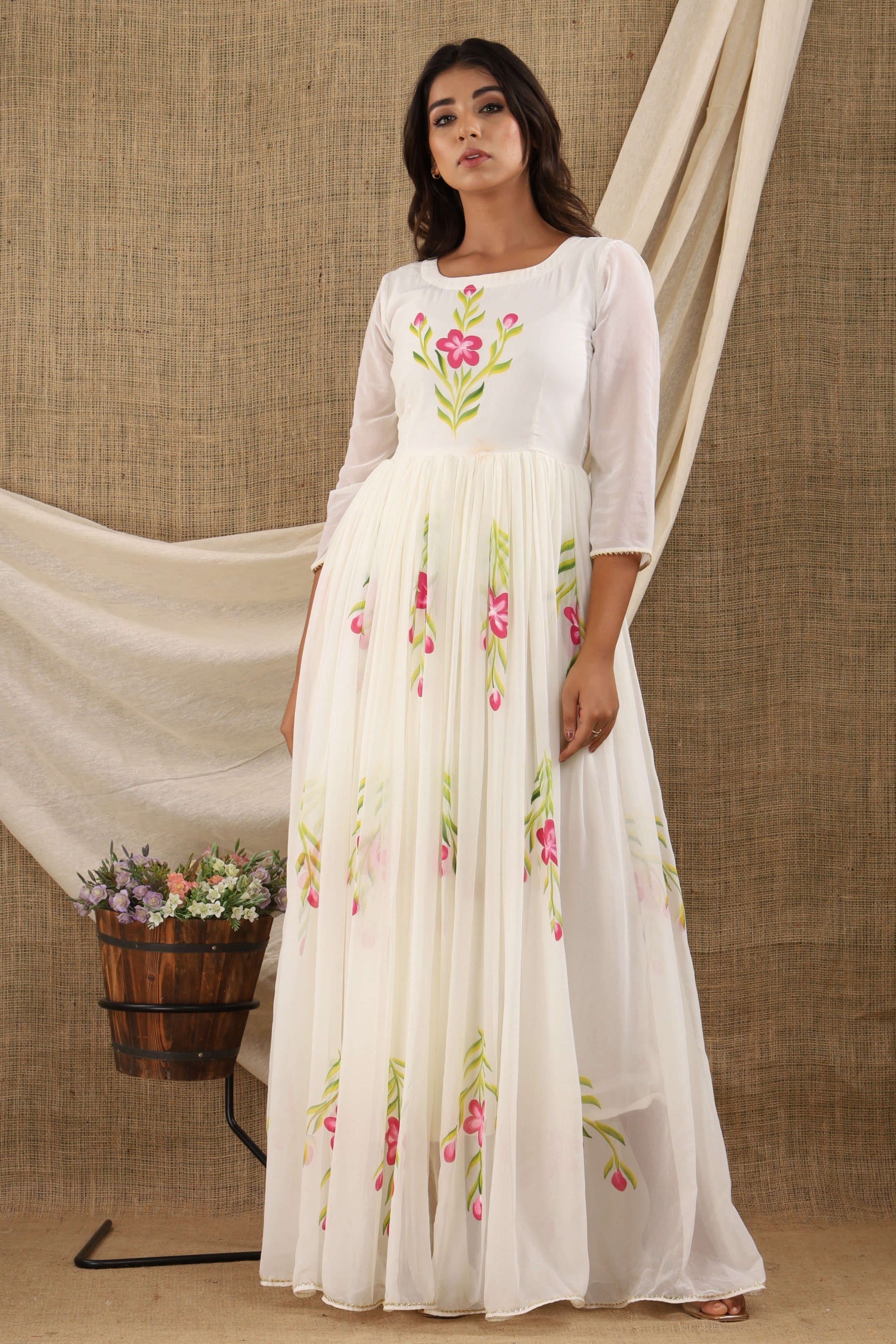 Women's White Chiffon Anarkali Dress (1Pc) - Saras The Label