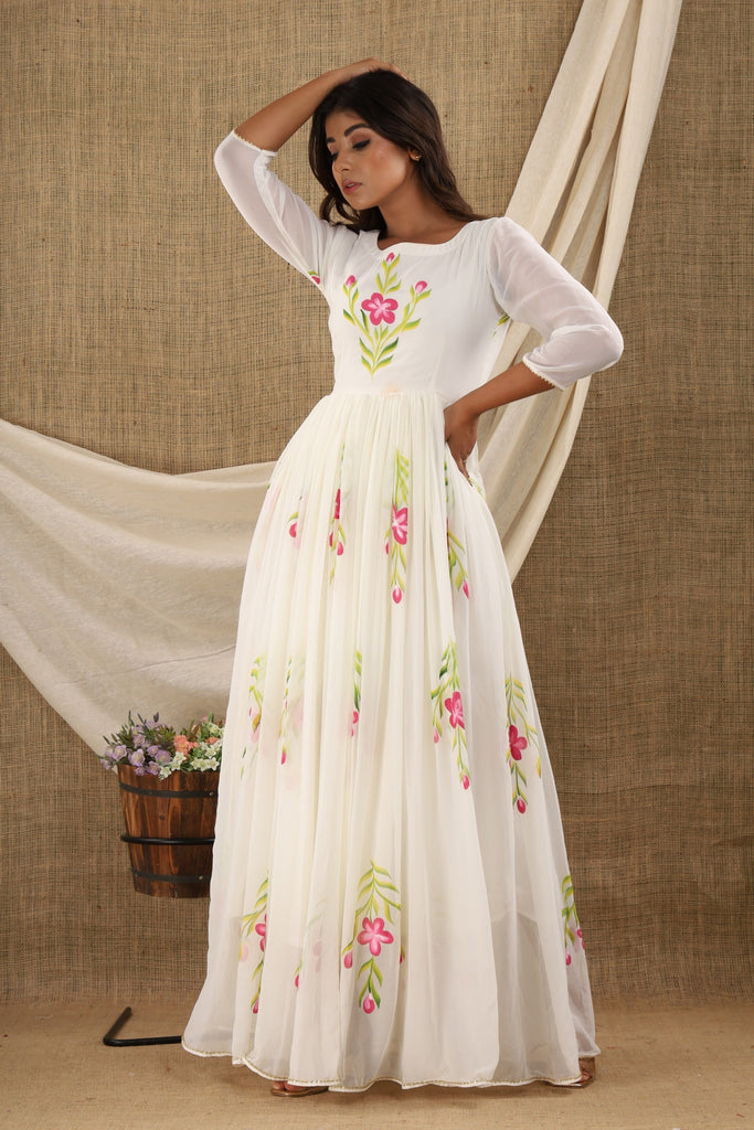 Women's White Chiffon Anarkali Dress (1Pc)