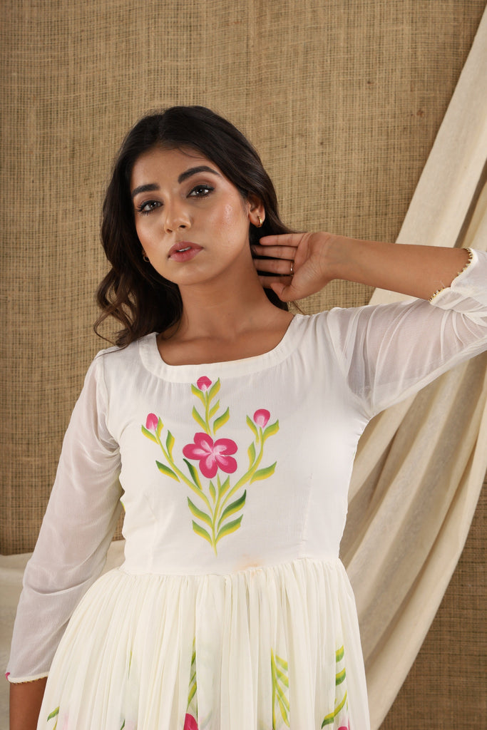 Women's White Chiffon Anarkali Dress (1Pc)