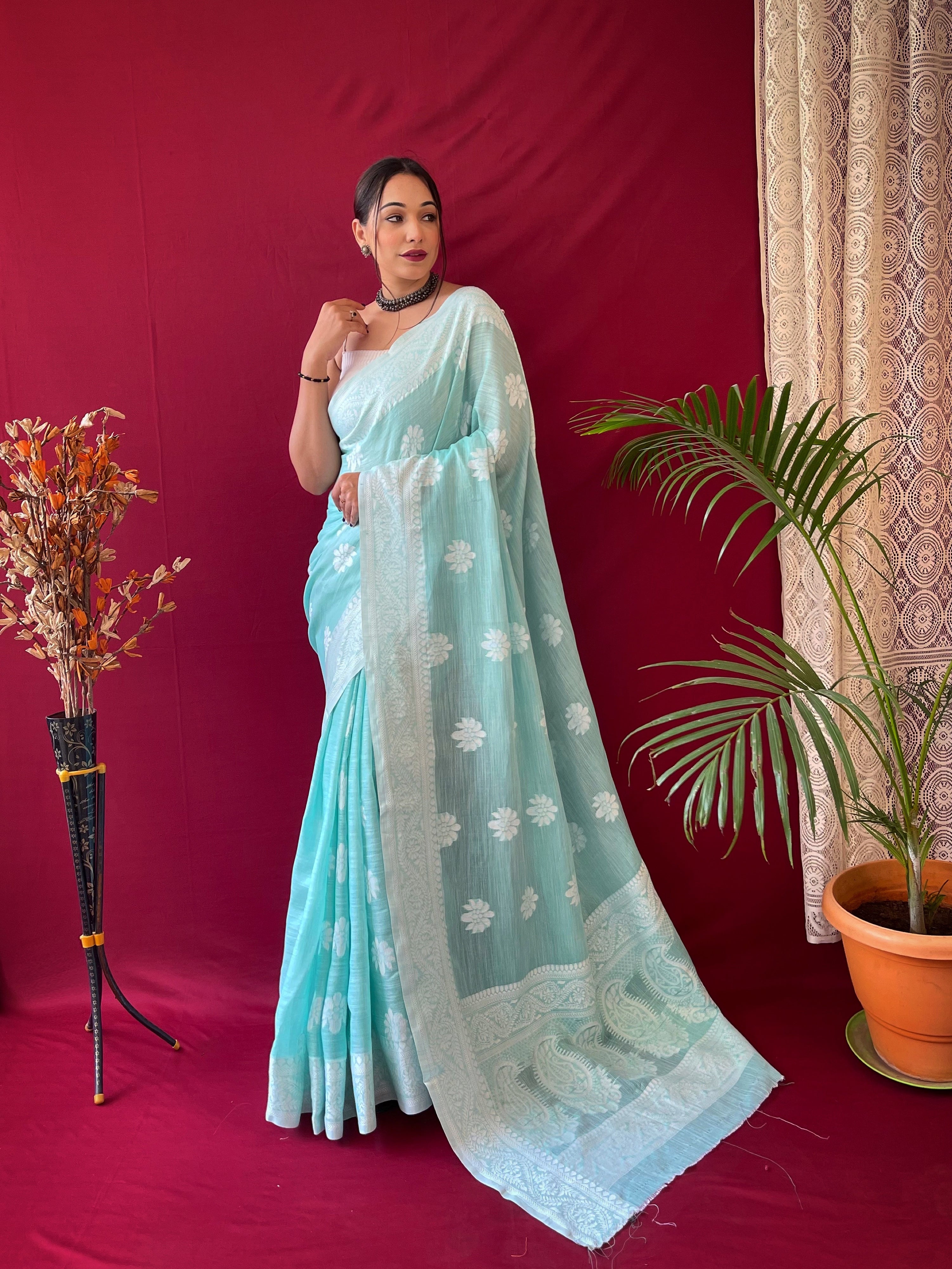 Women's Pure Linen Lucknowi Woven Saree Cyan Blue - TASARIKA