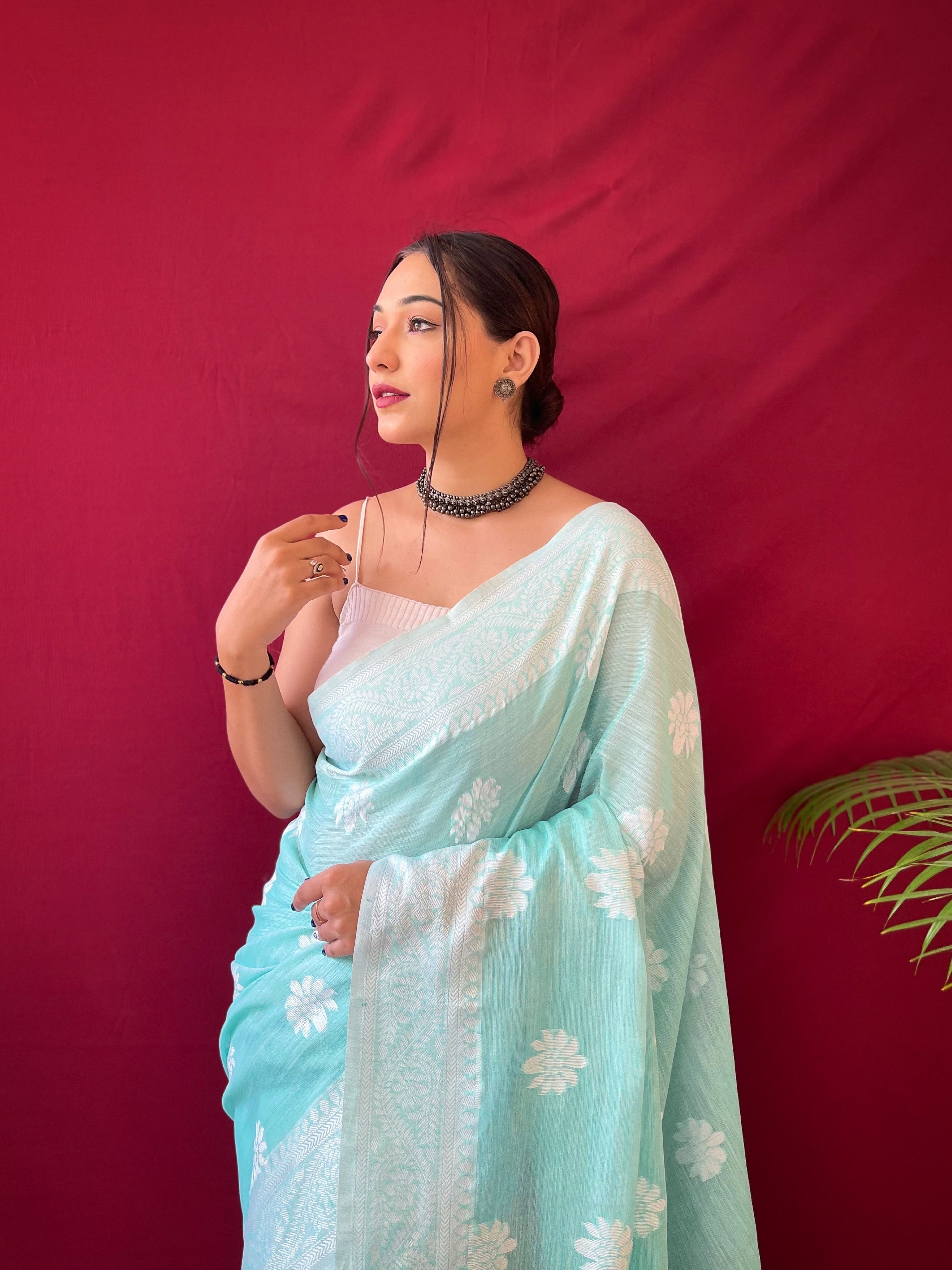 Women's Pure Linen Lucknowi Woven Saree Cyan Blue - TASARIKA