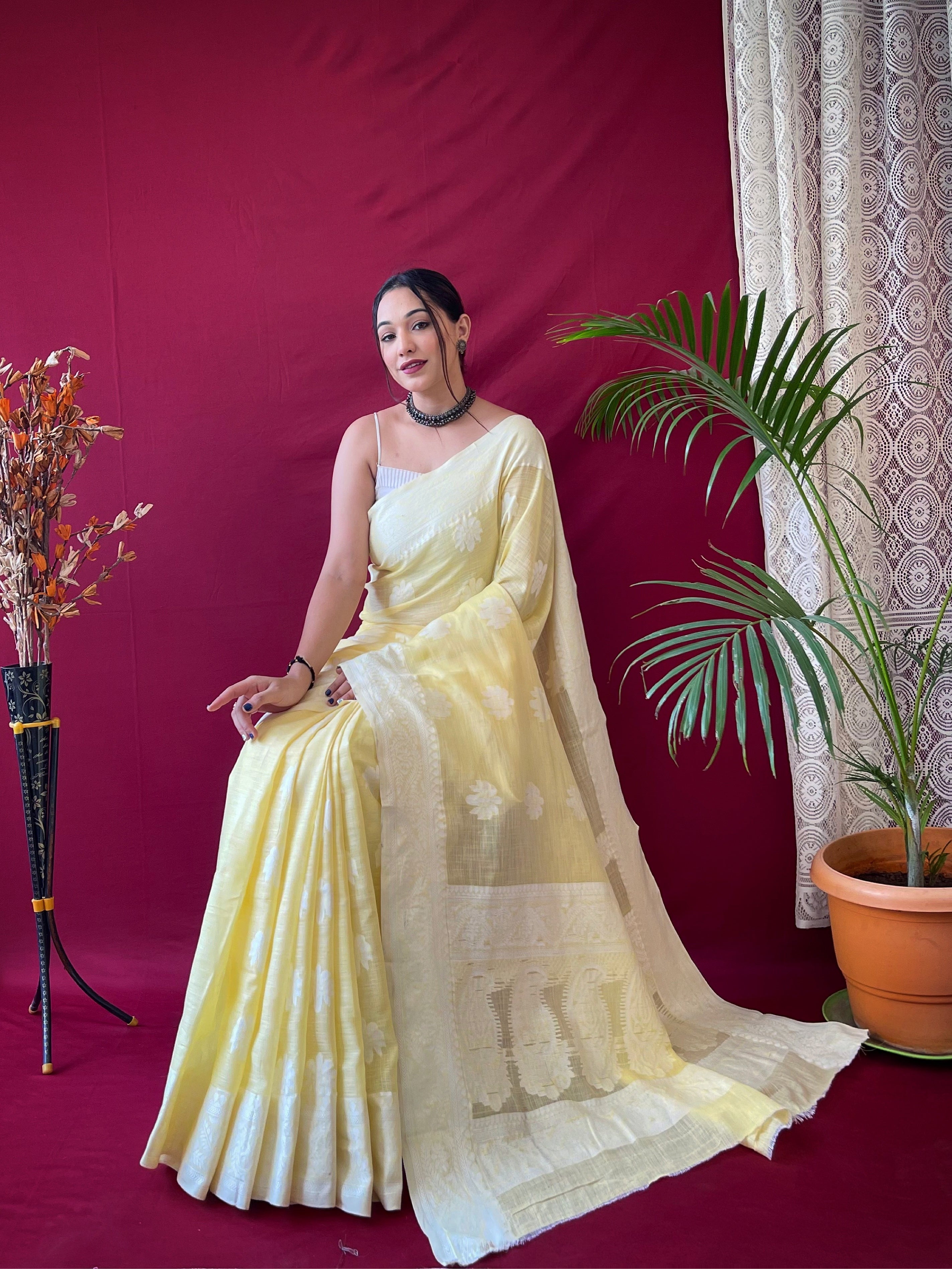 Women's Pure Linen Lucknowi Woven Saree Yellow - TASARIKA