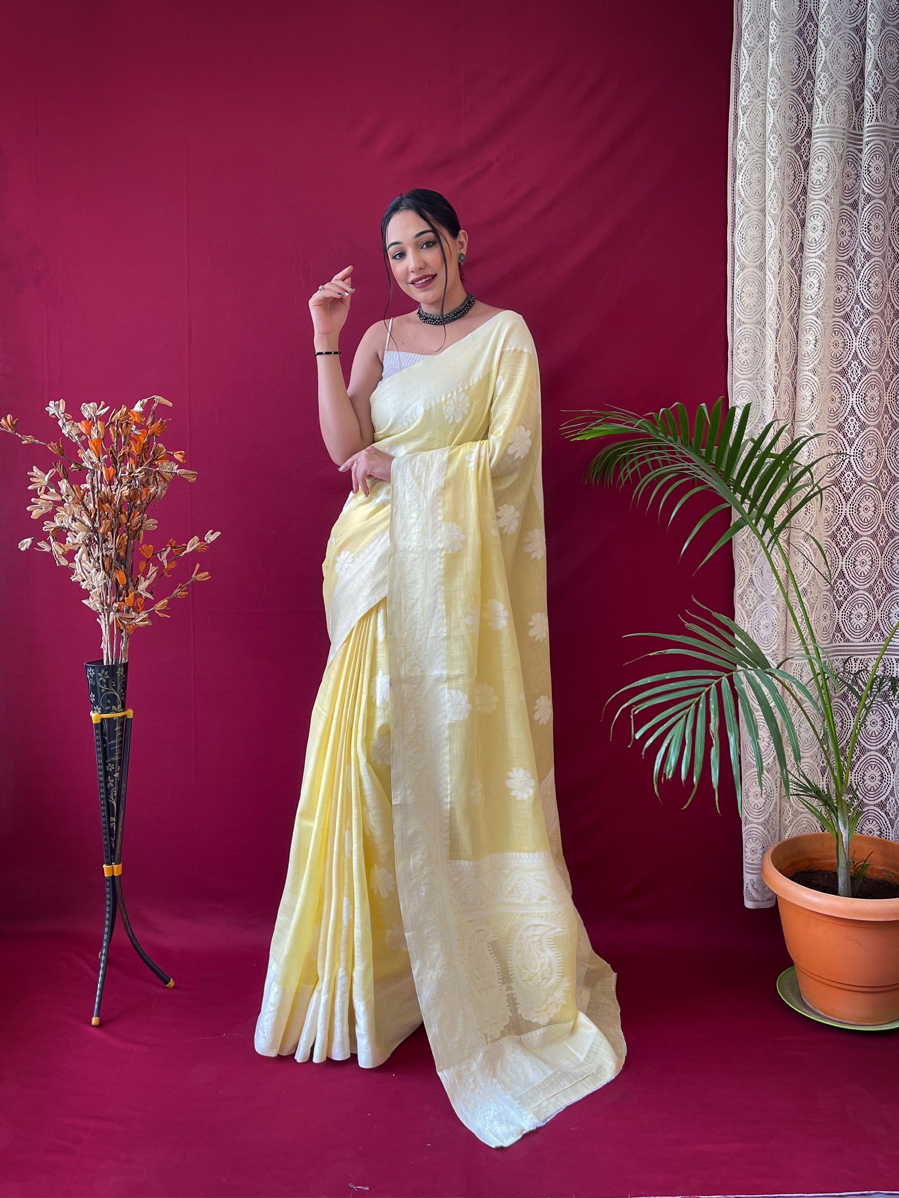 Women's Pure Linen Lucknowi Woven Saree Yellow - TASARIKA