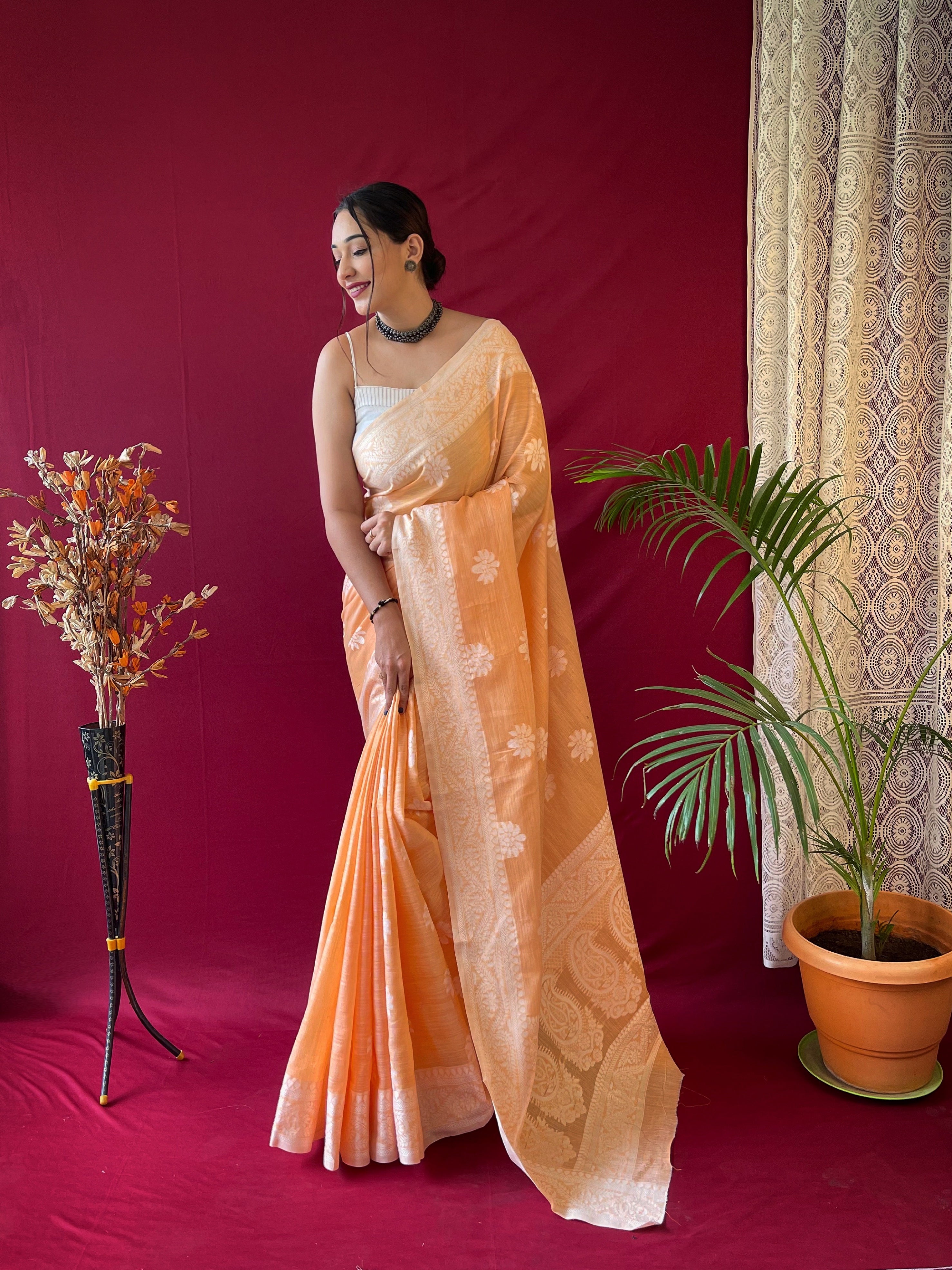 Women's Pure Linen Lucknowi Woven Saree Orange - TASARIKA