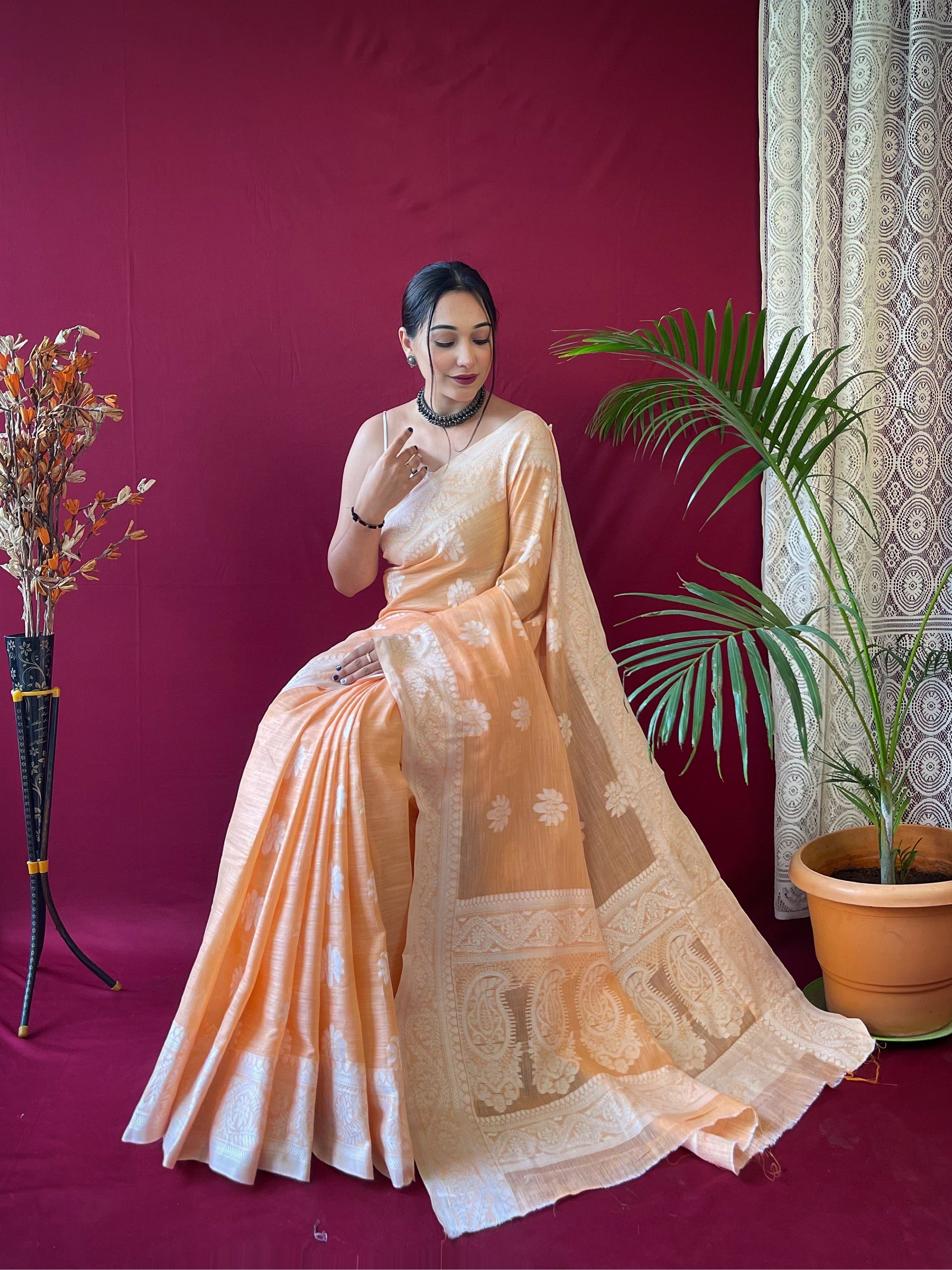 Women's Pure Linen Lucknowi Woven Saree Orange - TASARIKA
