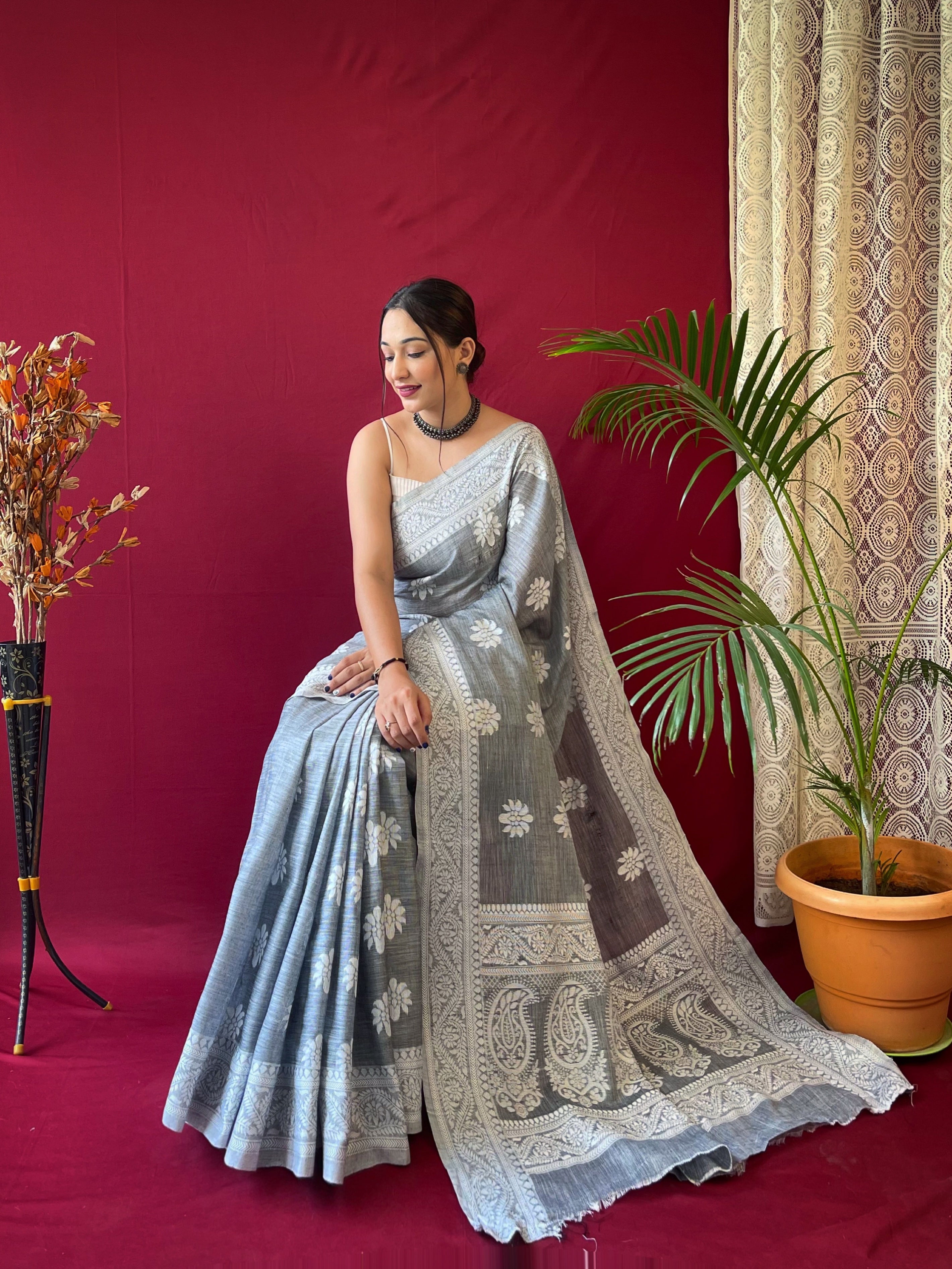 Women's Pure Linen Lucknowi Woven Saree Grey - TASARIKA