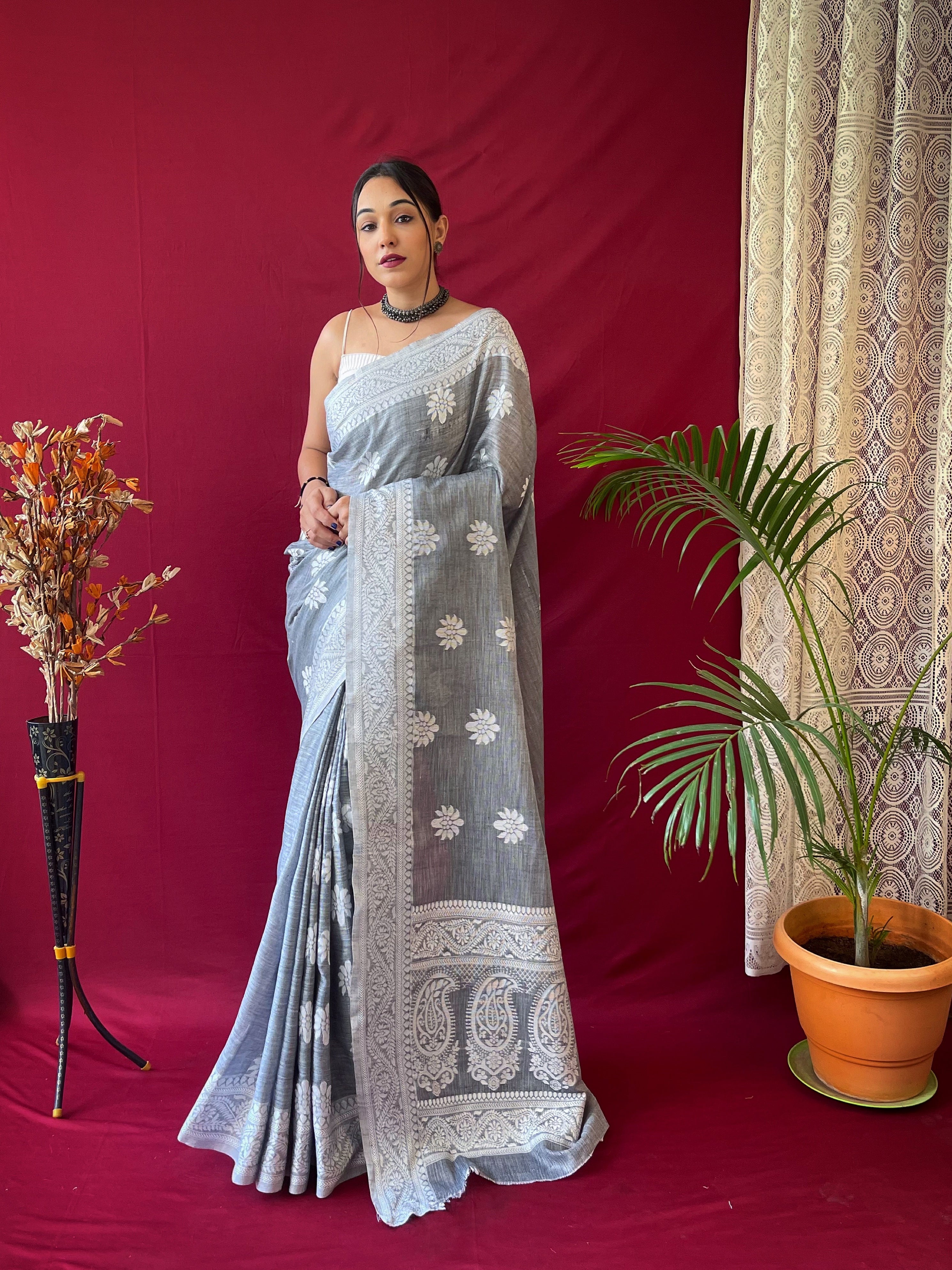 Women's Pure Linen Lucknowi Woven Saree Grey - TASARIKA