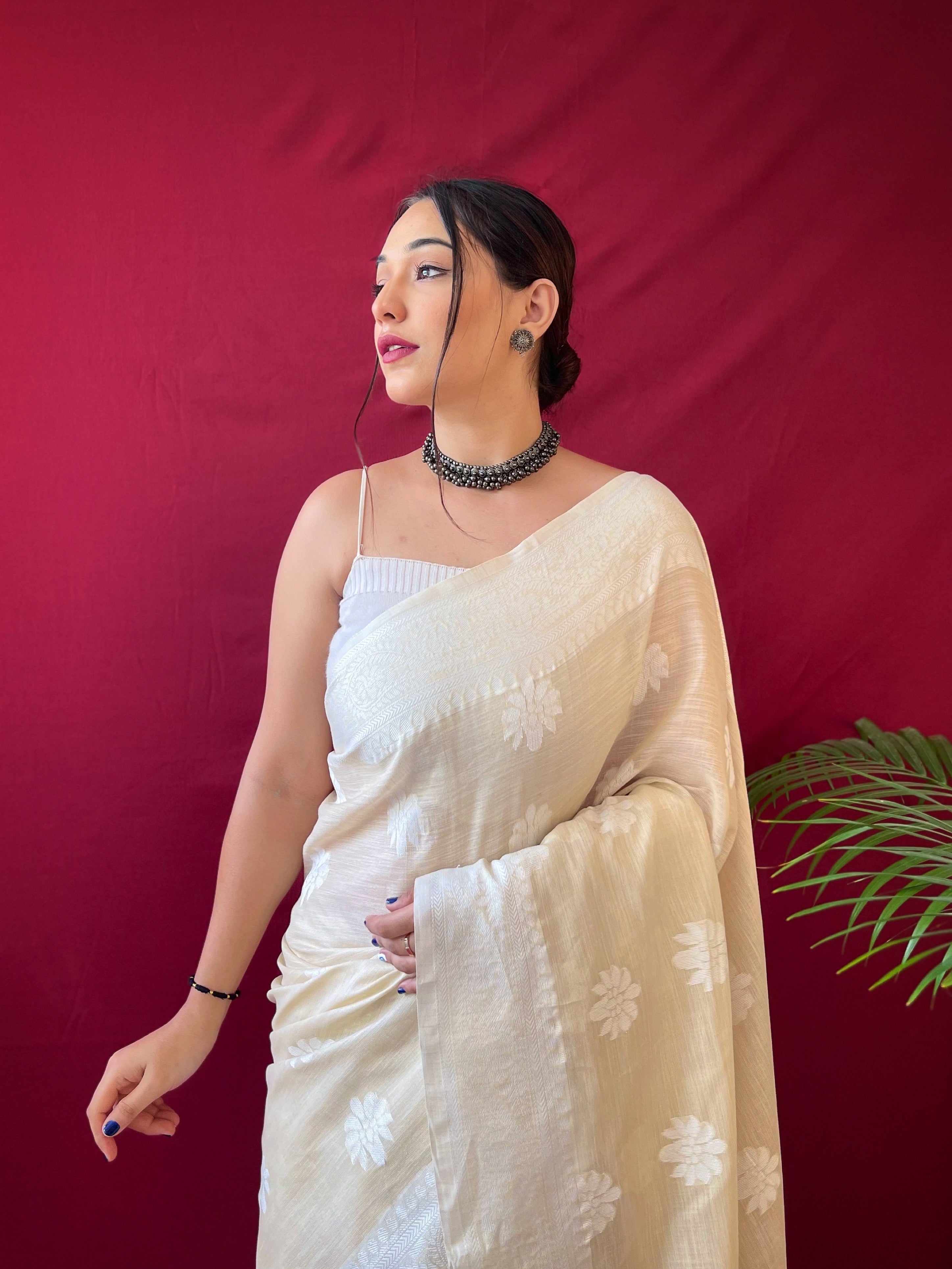 Women's Pure Linen Lucknowi Woven Saree Satyr Brown - TASARIKA
