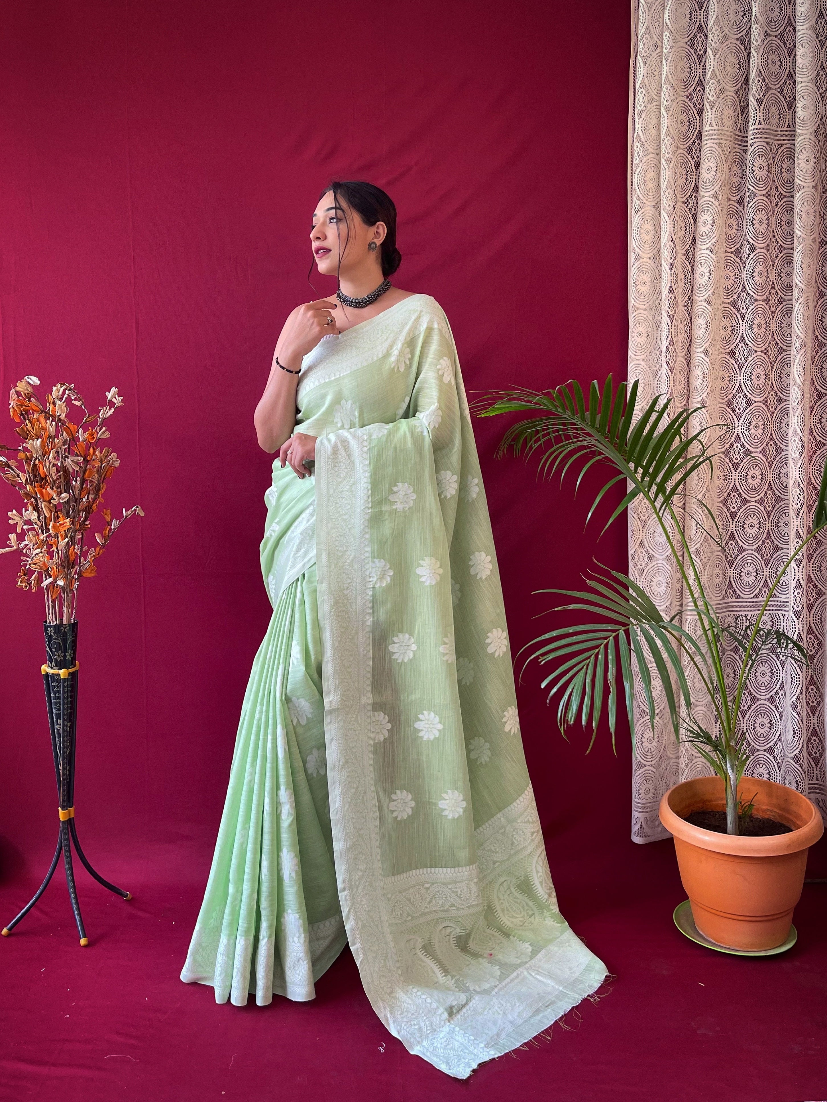Women's Pure Linen Lucknowi Woven Saree Light Green
 - TASARIKA
