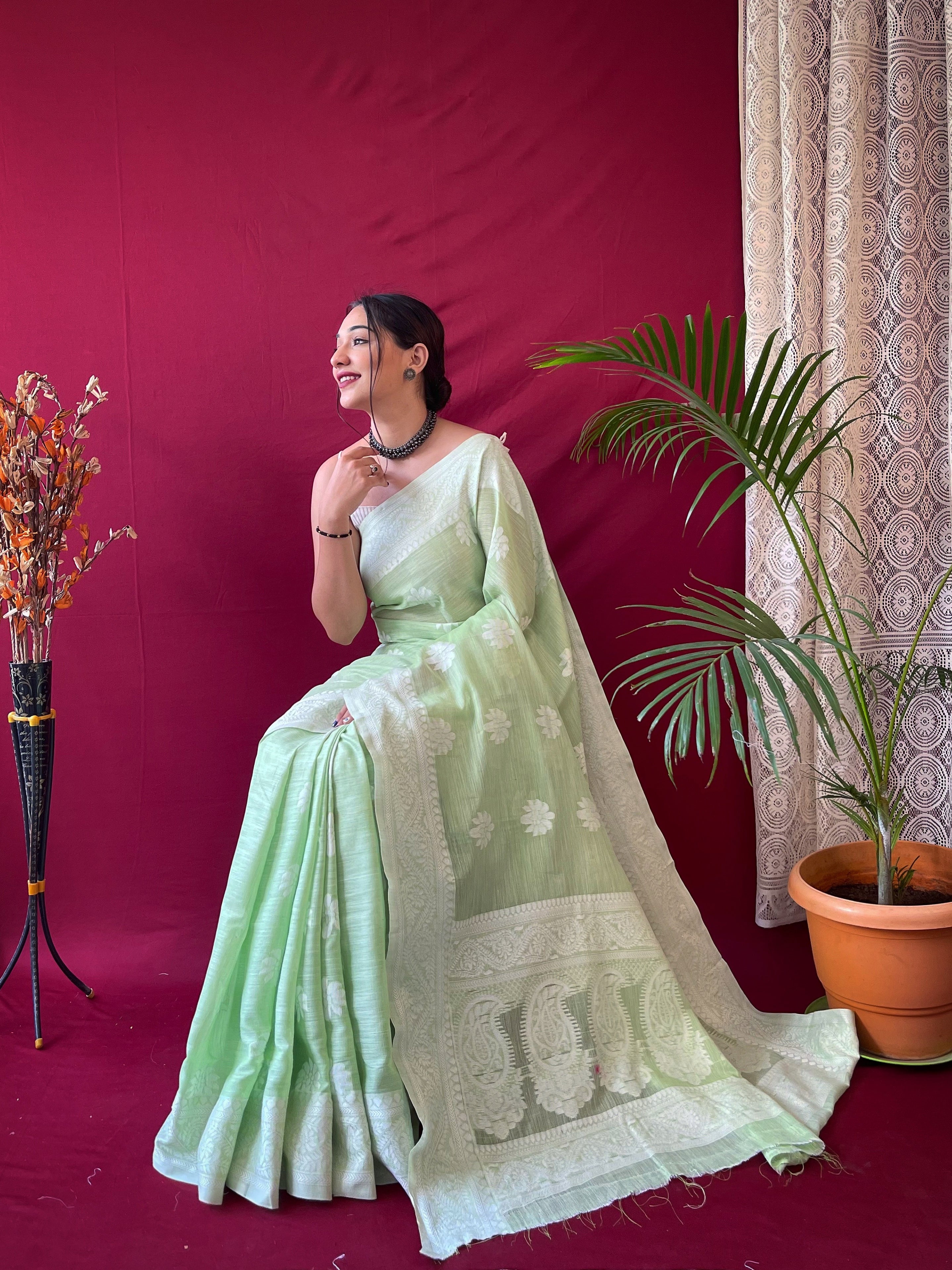 Women's Pure Linen Lucknowi Woven Saree Light Green
 - TASARIKA