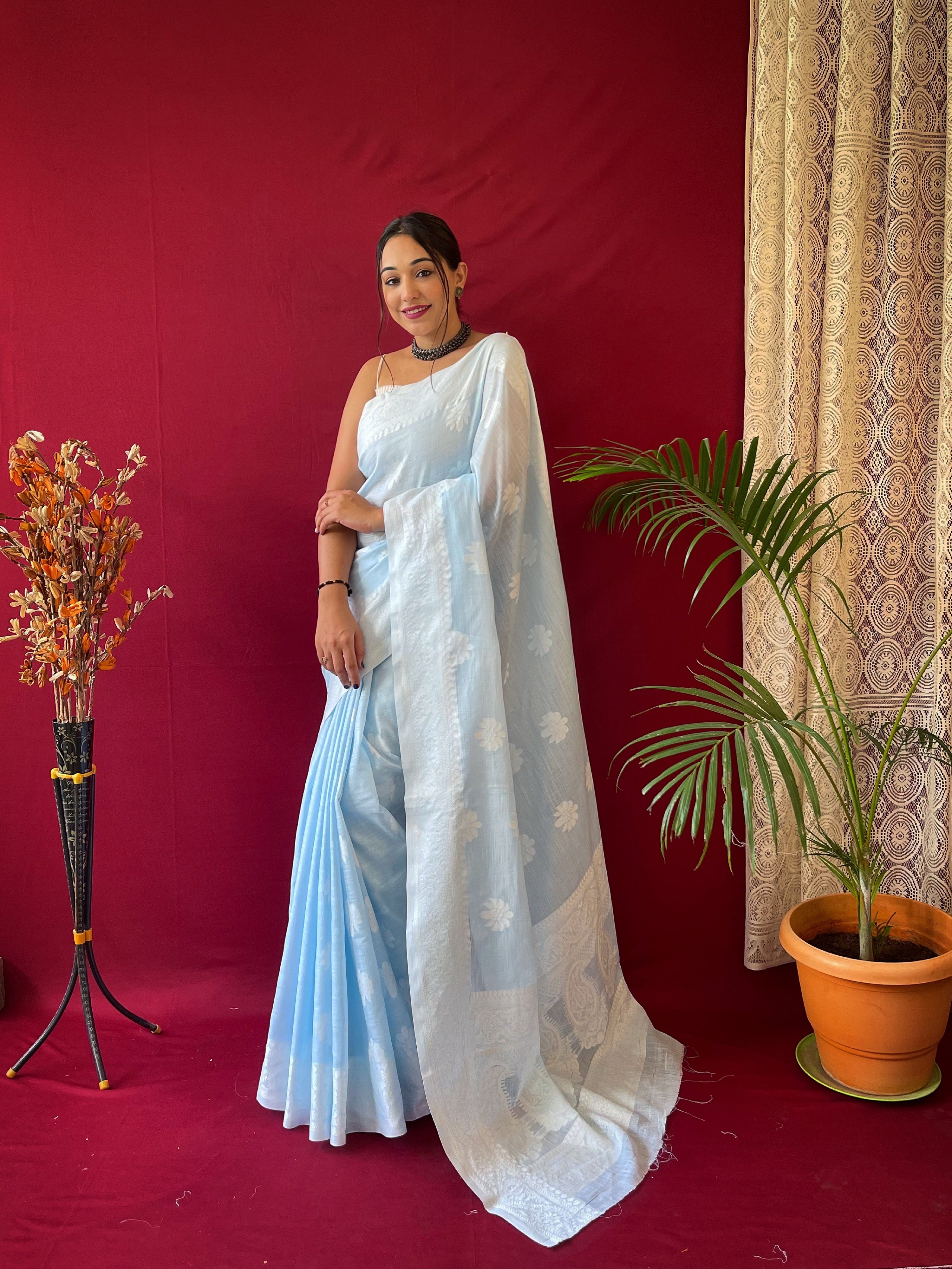 Women's Pure Linen Lucknowi Woven Saree Sky Blue - TASARIKA